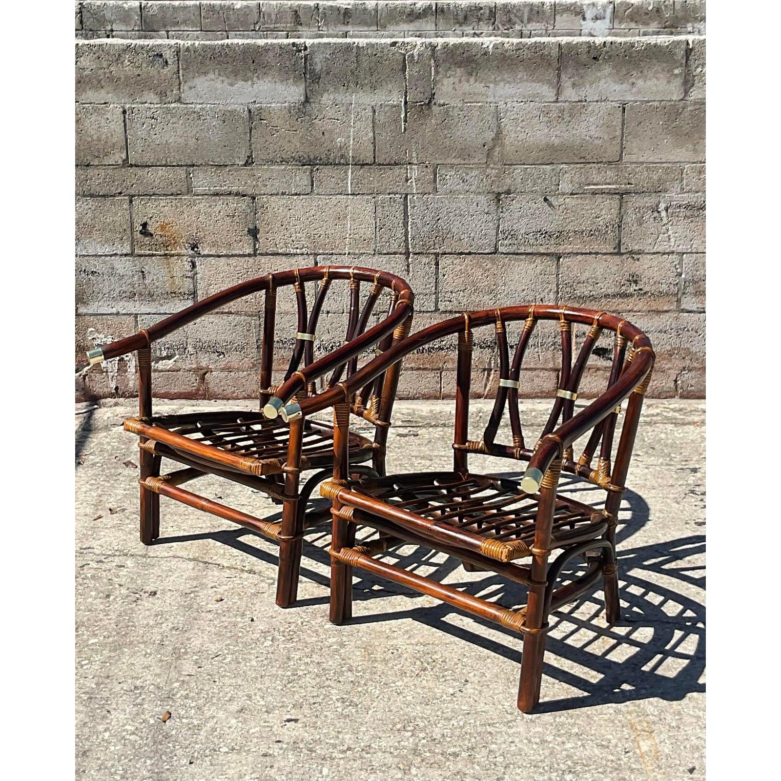 20th Century Vintage Coastal John Wisner for Ficks Reed “Far Horizons” Arm Chairs, a Pair
