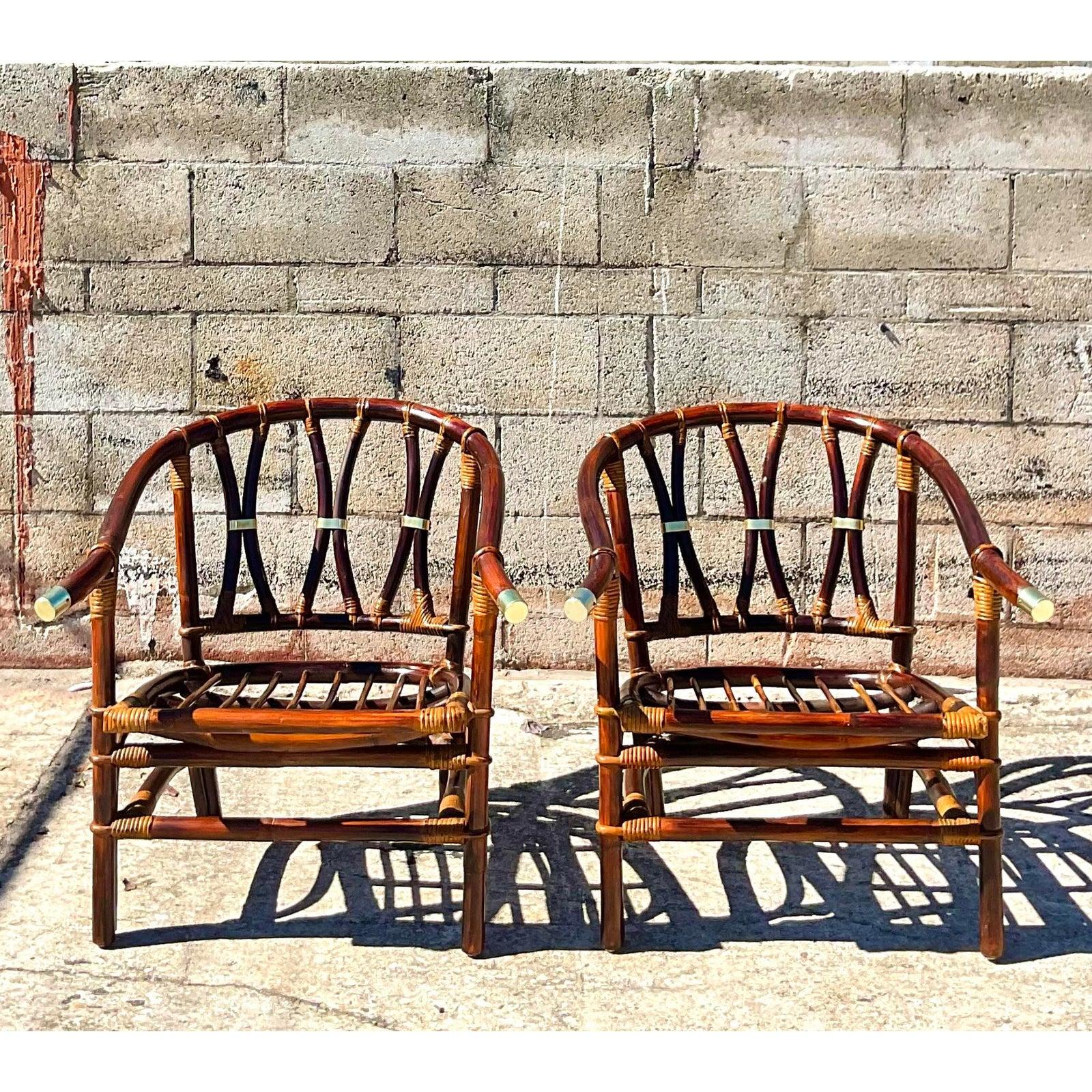 Brass Vintage Coastal John Wisner for Ficks Reed “Far Horizons” Arm Chairs, a Pair