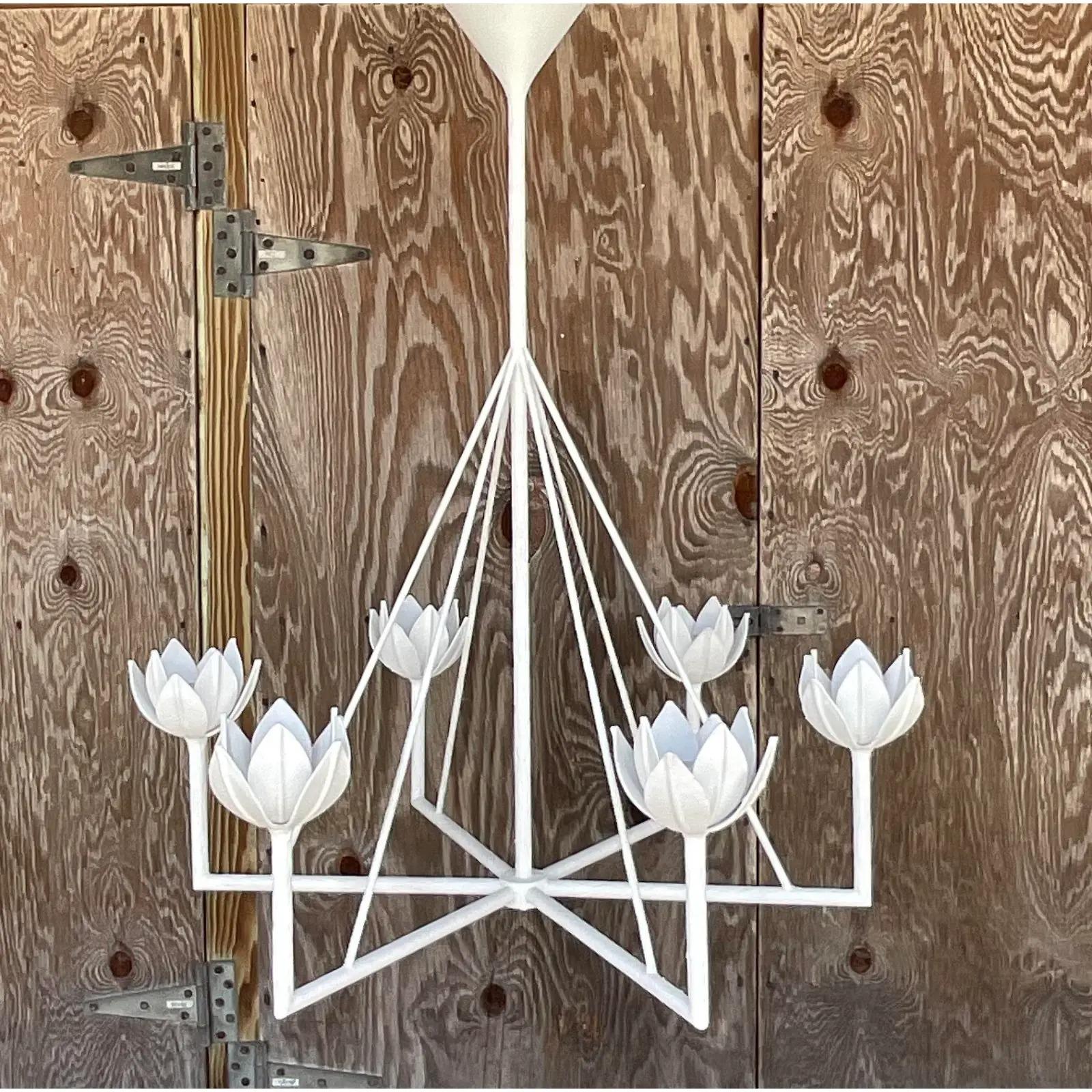 A fabulous vintage Coastal six arm chandelier. Made by the coveted Julie Neill for Circa Lighting. Beautiful plaster white finish with the famous tulip design. Acquired from a Palm Beach estate.