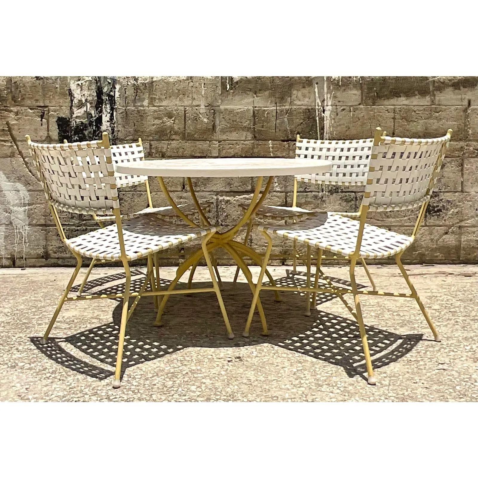 20th Century Vintage Coastal Keller Scroll Wrought Iron Outdoor Dining Table Set