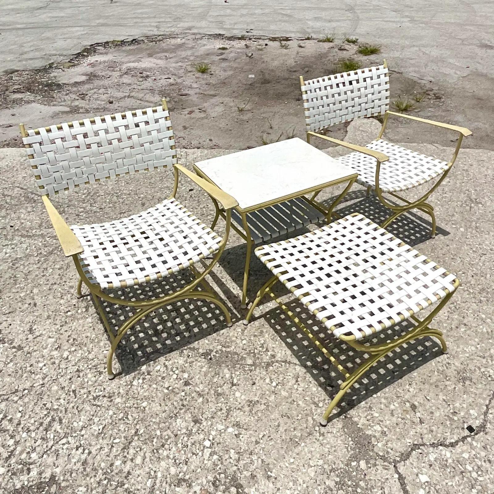 Vintage Coastal Keller Scroll Wrought Iron Outdoor Dining Table Set 1
