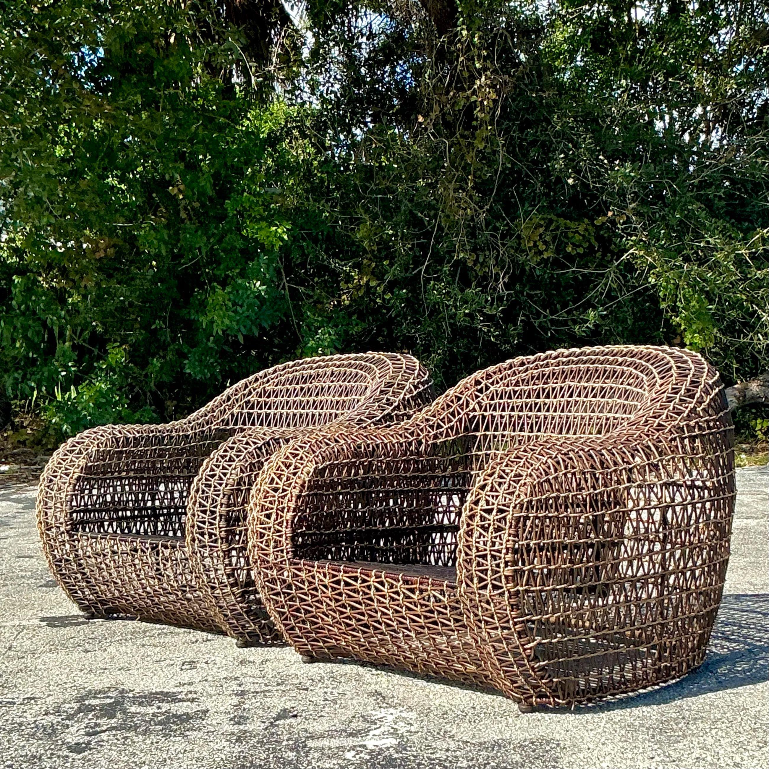 Vintage Coastal Kenneth Cobonpue Woven Rattan and a Jute Lounge Chairs - a Pair For Sale 5