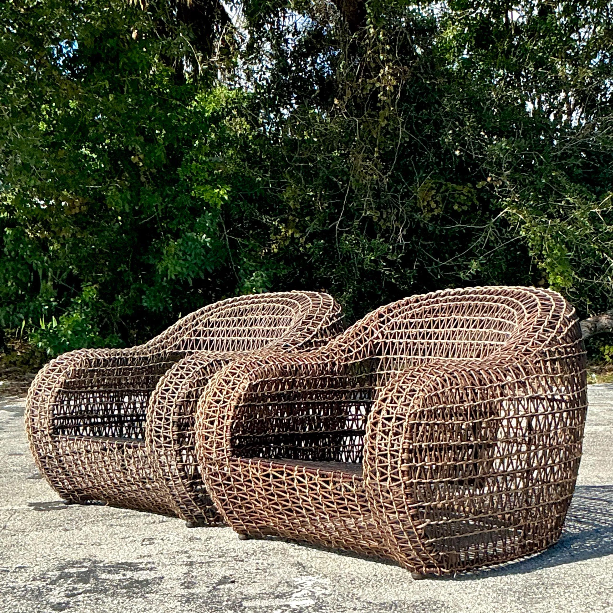 Philippine Vintage Coastal Kenneth Cobonpue Woven Rattan and a Jute Lounge Chairs - a Pair For Sale