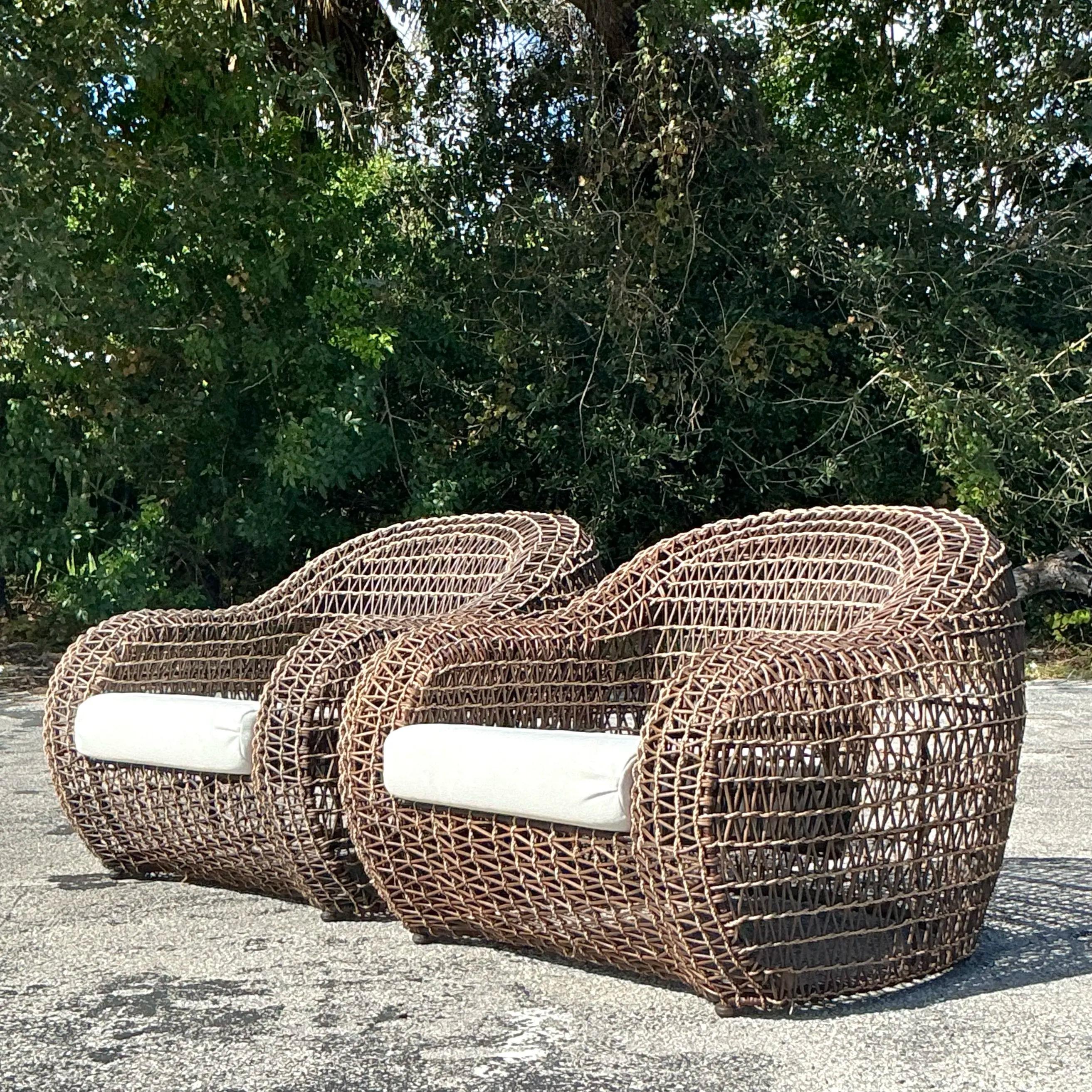 Contemporary Vintage Coastal Kenneth Cobonpue Woven Rattan and a Jute Lounge Chairs - a Pair For Sale