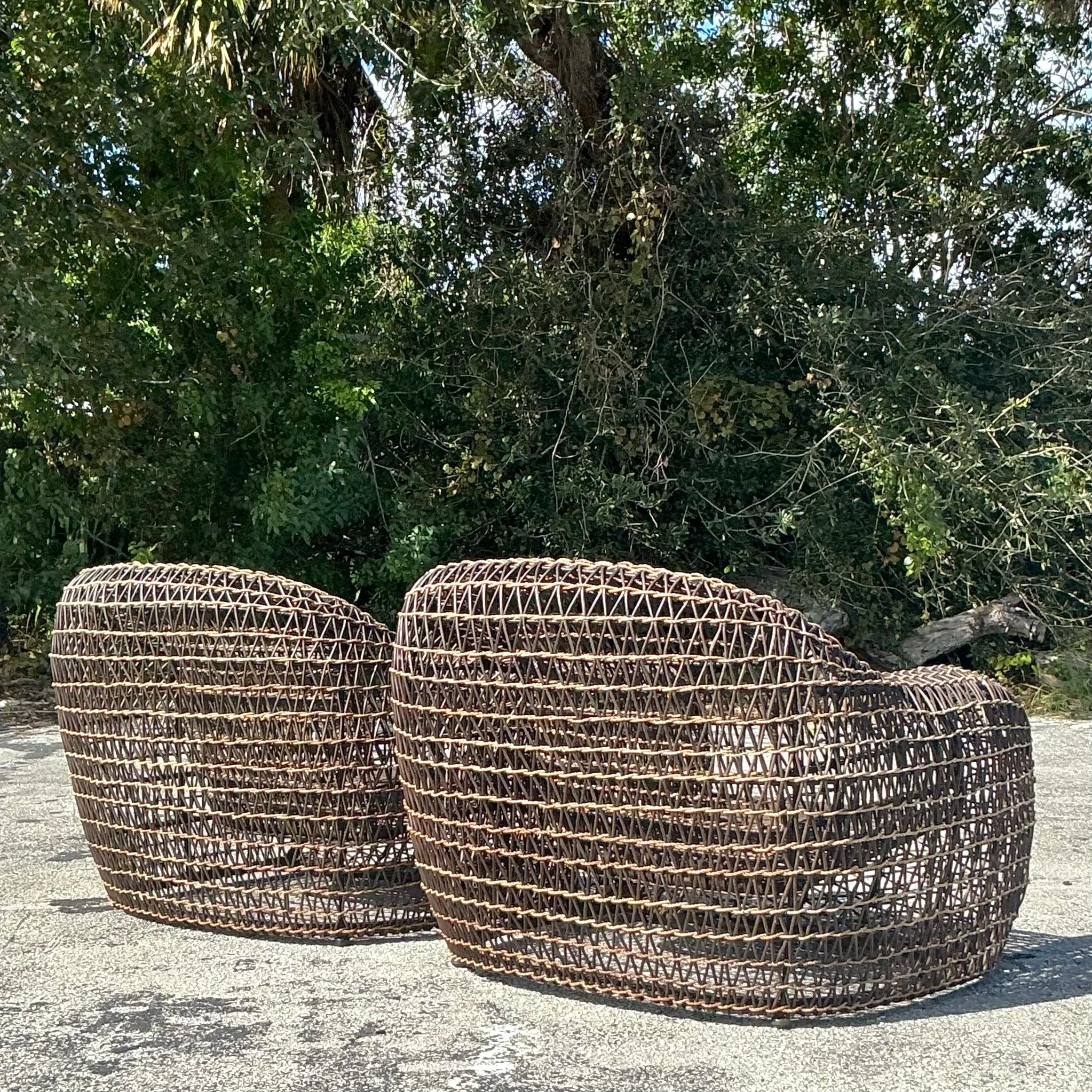 Vintage Coastal Kenneth Cobonpue Woven Rattan and a Jute Lounge Chairs - a Pair For Sale 2