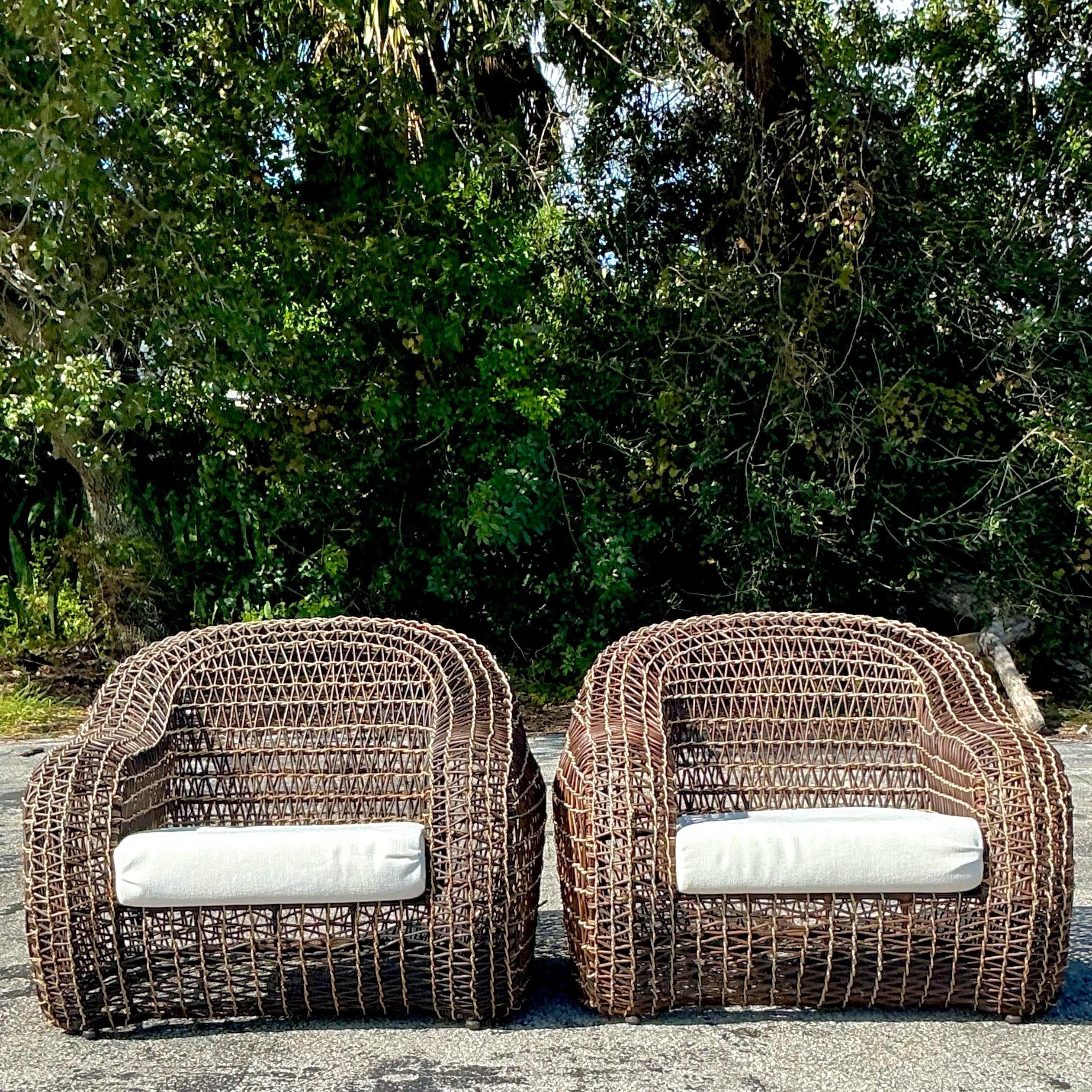 Vintage Coastal Kenneth Cobonpue Woven Rattan and a Jute Lounge Chairs - a Pair For Sale 3