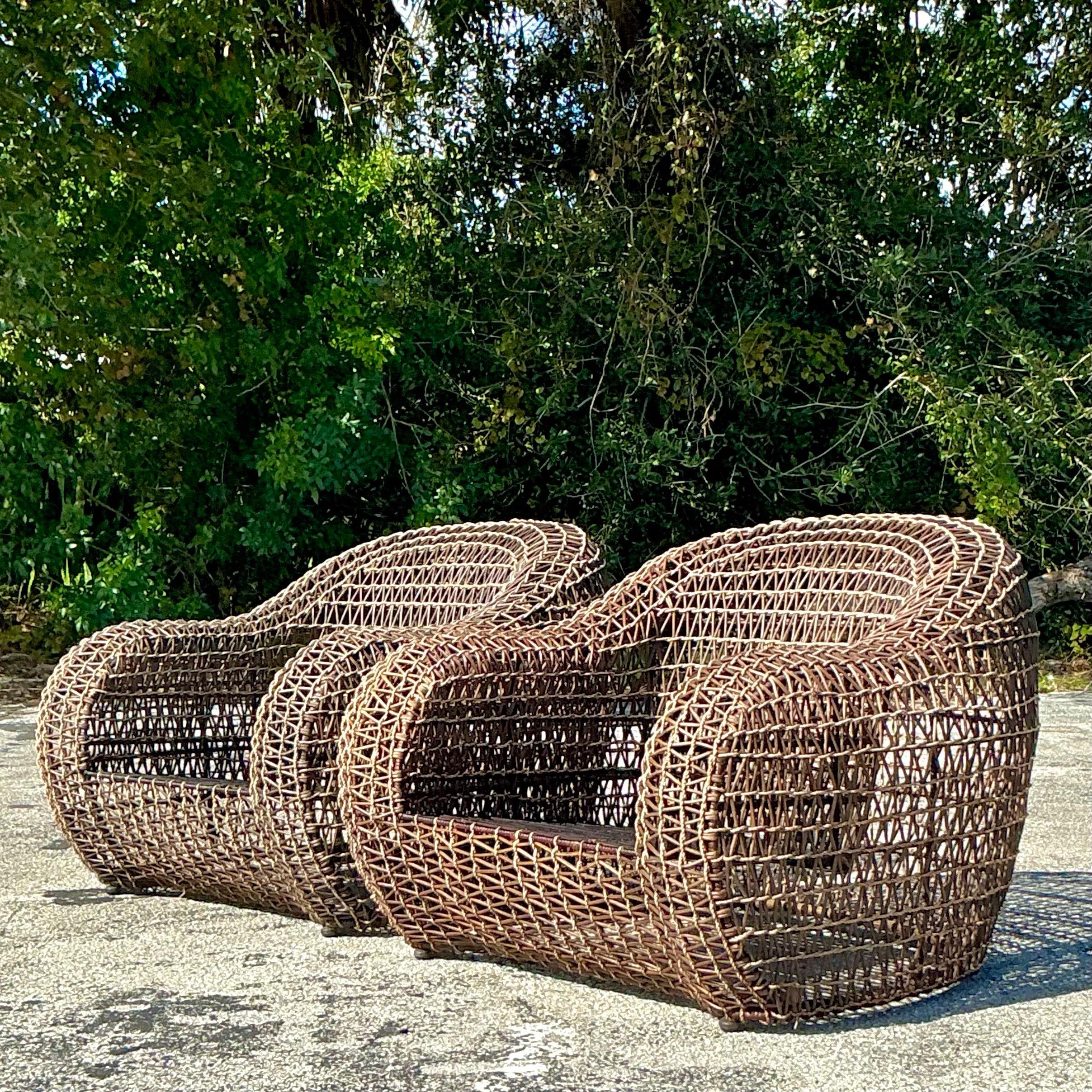 Vintage Coastal Kenneth Cobonpue Woven Rattan and a Jute Lounge Chairs - a Pair For Sale 4
