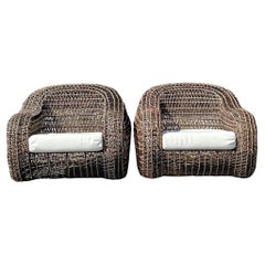 Vintage Coastal Kenneth Cobonpue Woven Rattan and a Jute Lounge Chairs - a Pair