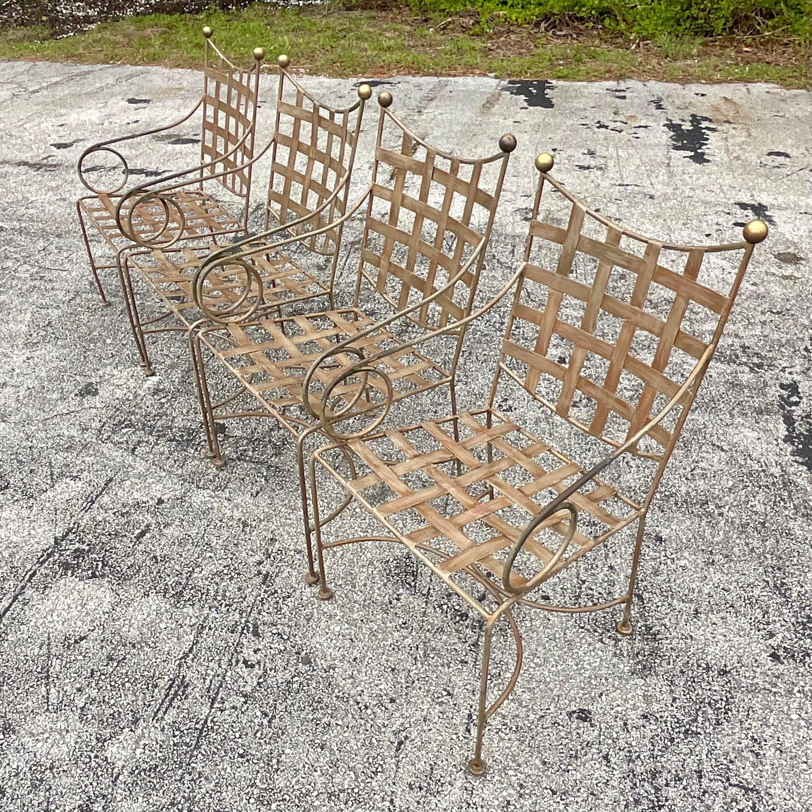A fabulous vintage set of Coastal outdoor dining set. Made by the iconic Kessler group. Unmarked. Four aluminum chairs with a coordinating table. Coordinating bar stools also available on my  page. Acquired from a Palm Beach estate.

Table