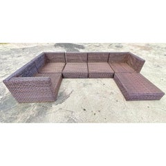 Vintage Coastal Kingsley Bates Woven Resin Rattan Sectional Sofa