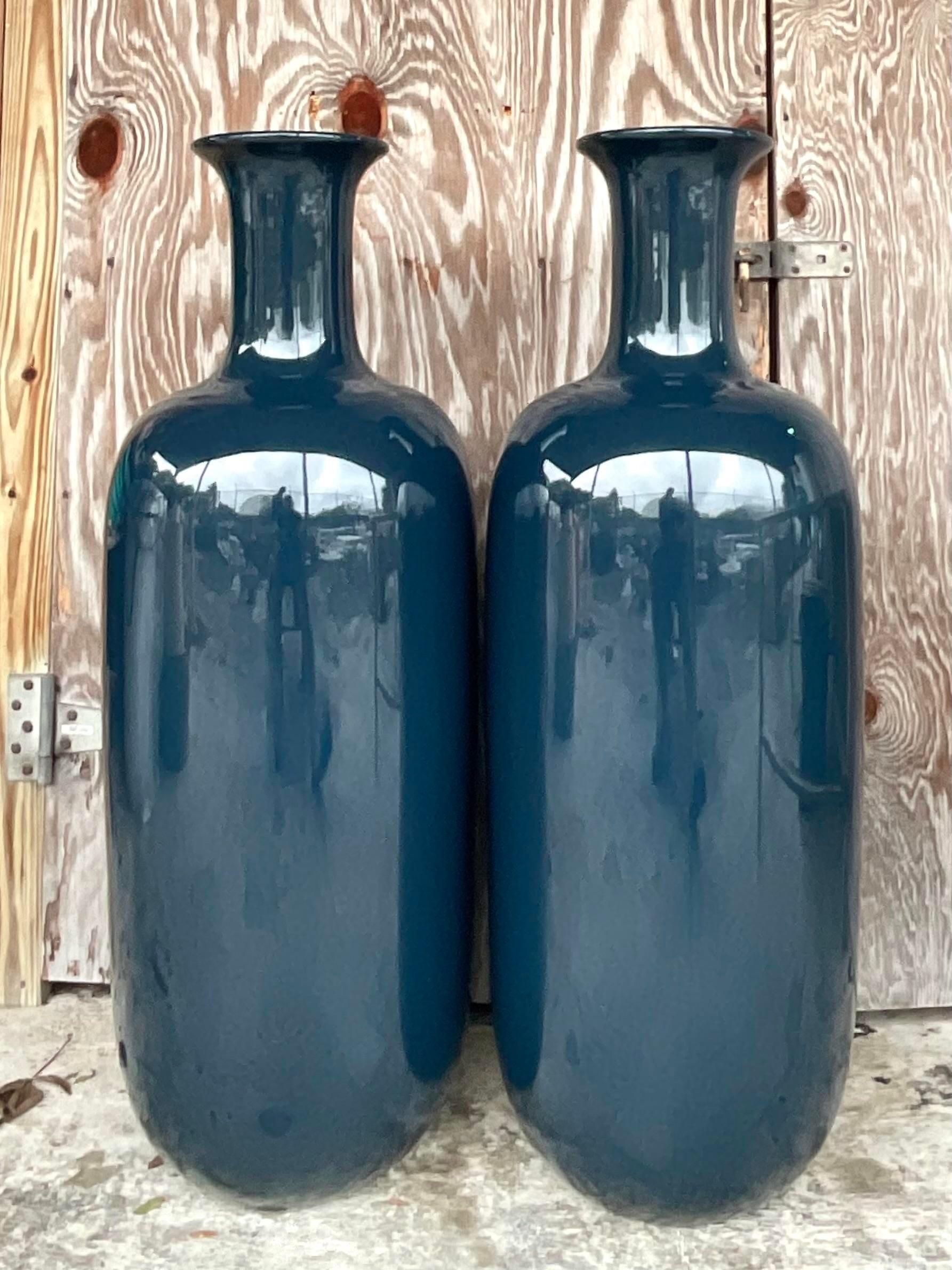 Vintage Coastal Lacquered Bamboo Ming Floor Vases - a Pair In Good Condition For Sale In west palm beach, FL