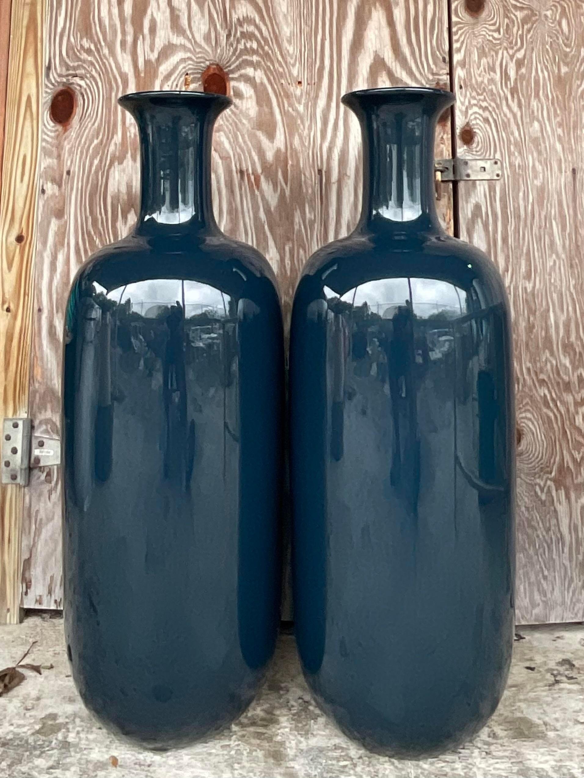 20th Century Vintage Coastal Lacquered Bamboo Ming Floor Vases - a Pair For Sale