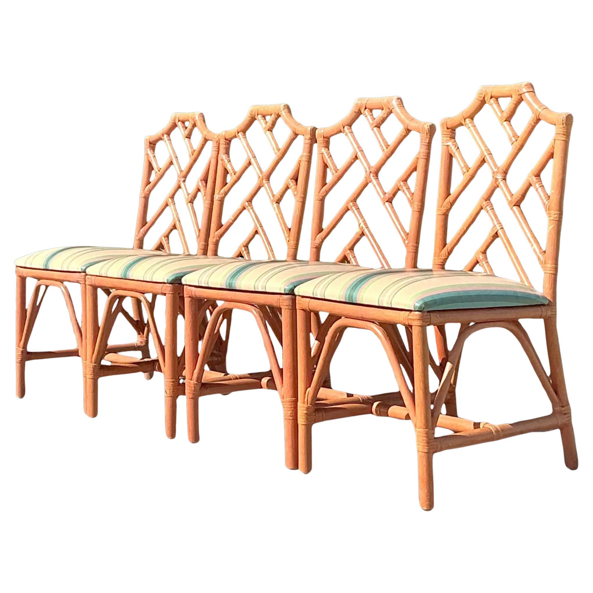 Vintage Coastal Lacquered Chinese Chippendale Dining Chairs - Set of 4
