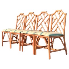 Vintage Coastal Lacquered Chinese Chippendale Dining Chairs - Set of 4