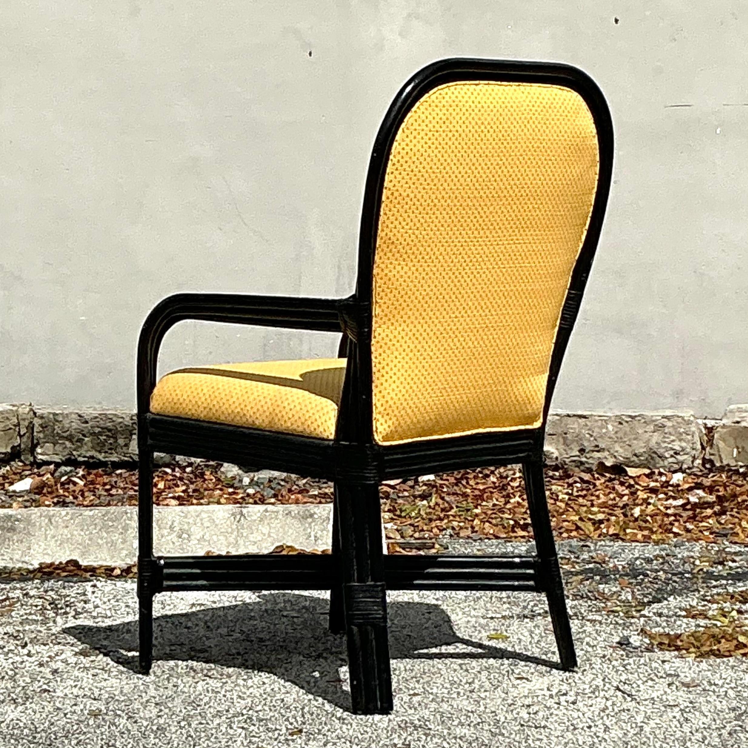 Vintage Coastal Lacquered Rattan Arm Chair In Good Condition For Sale In west palm beach, FL