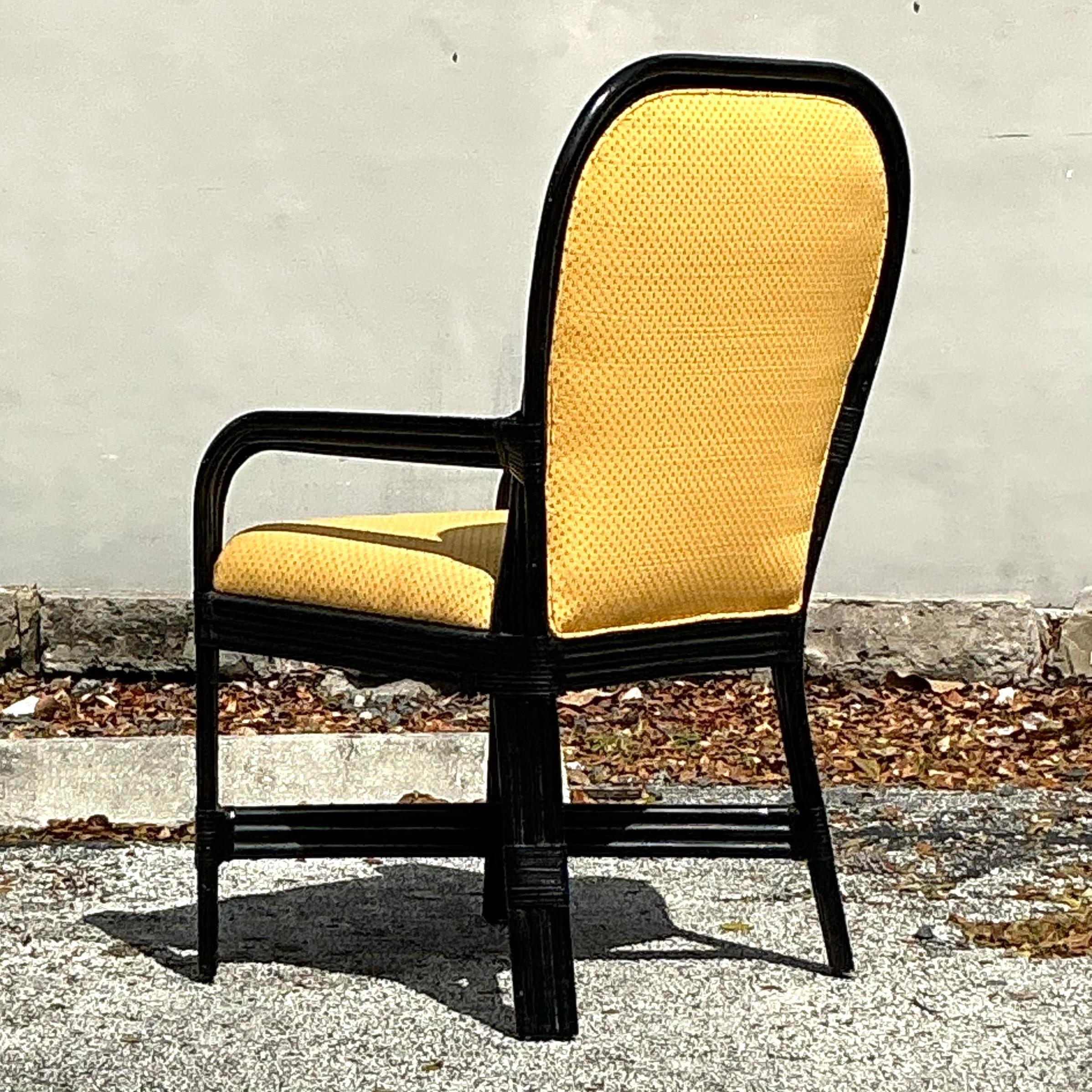 20th Century Vintage Coastal Lacquered Rattan Arm Chair For Sale