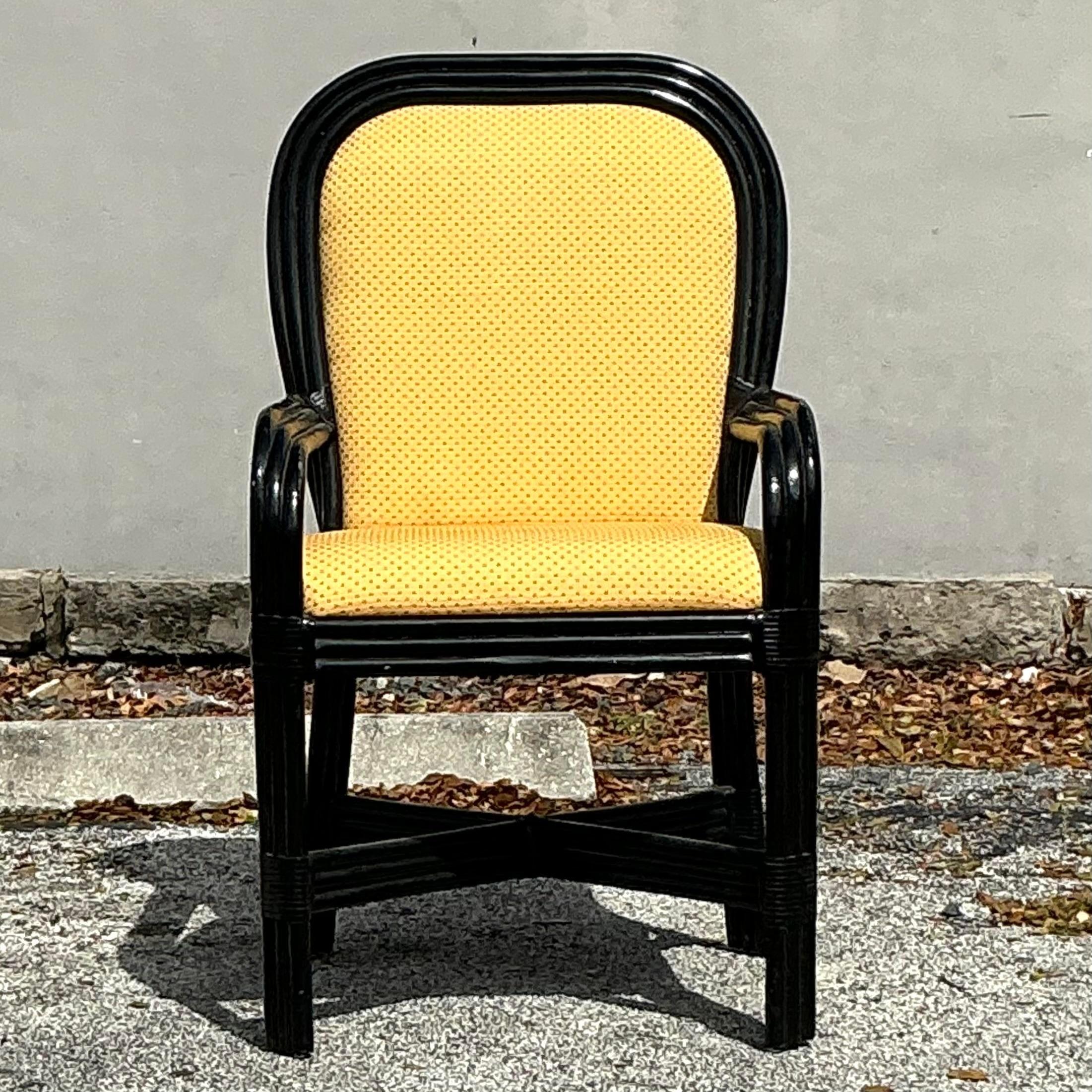 Vintage Coastal Lacquered Rattan Arm Chair For Sale 1