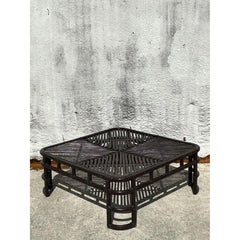 Vintage Coastal Lacquered Stick Rattan Coffee Table After Henry Olko