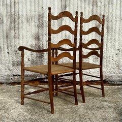 Vintage Coastal Ladderback Rush Seat Chairs - a Pair