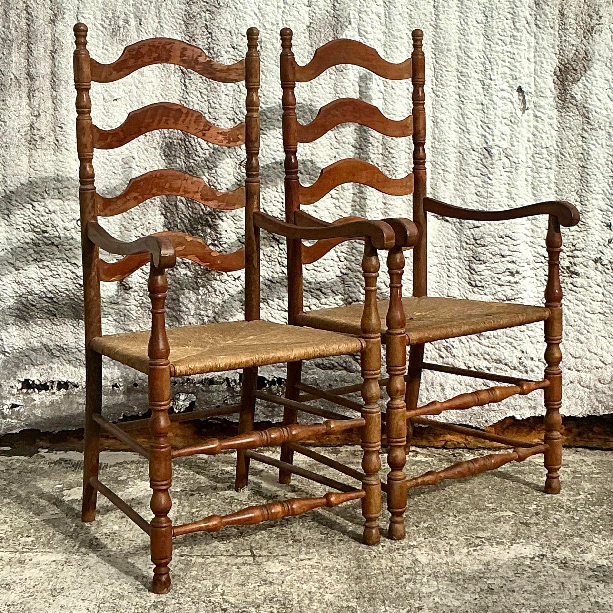 American Vintage Coastal Ladderback Rush Seat Chairs - a Pair For Sale