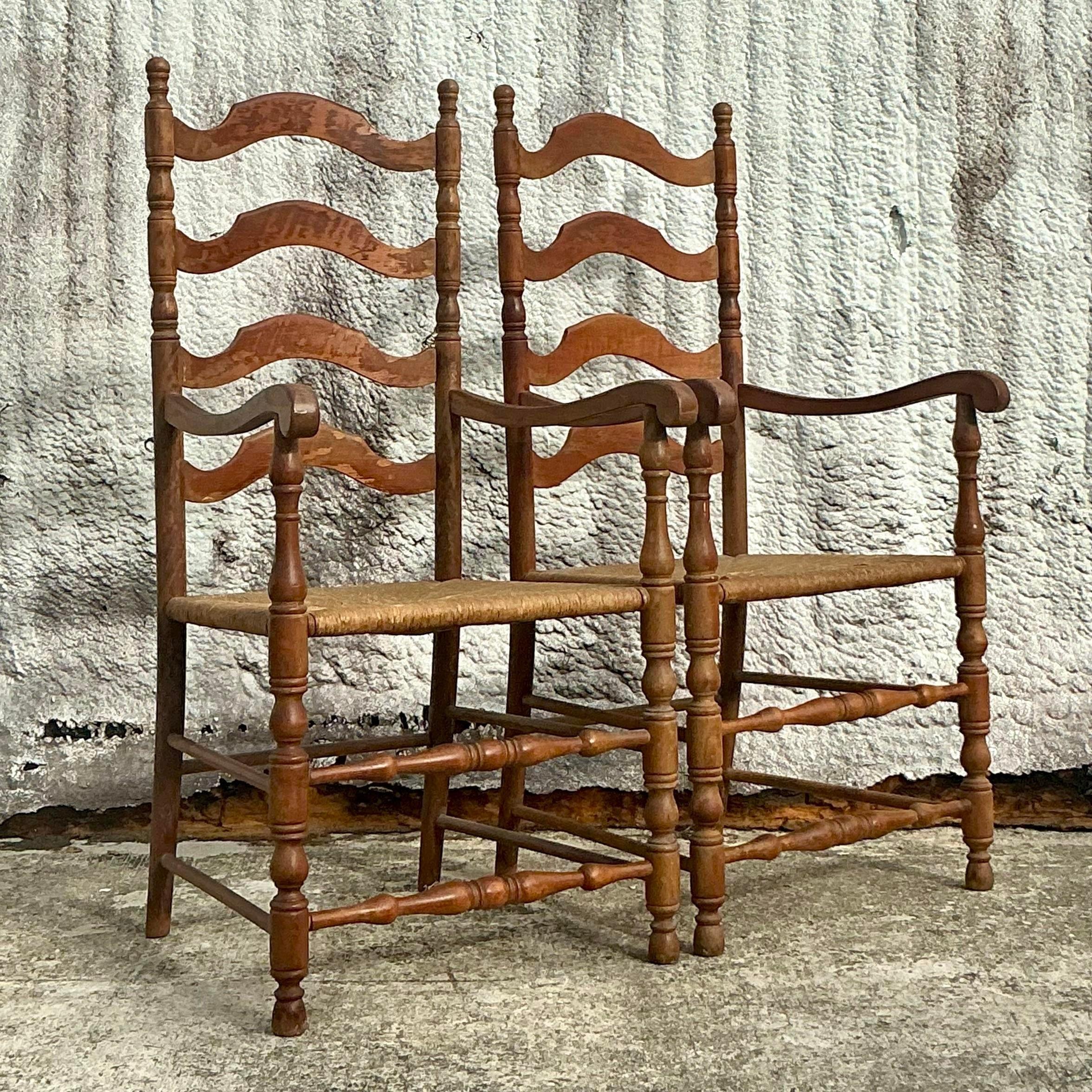 20th Century Vintage Coastal Ladderback Rush Seat Chairs - a Pair For Sale