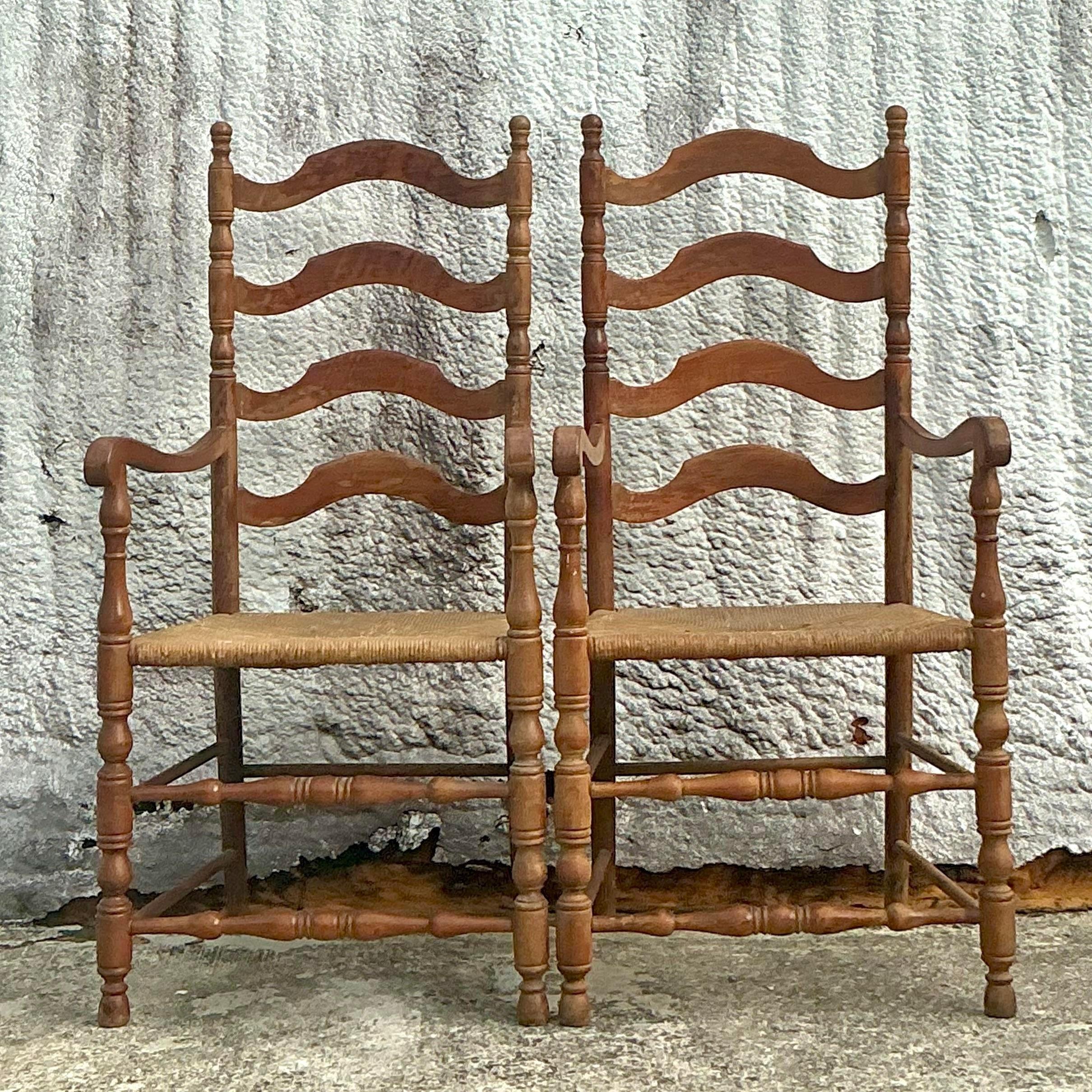 Vintage Coastal Ladderback Rush Seat Chairs - a Pair For Sale 1