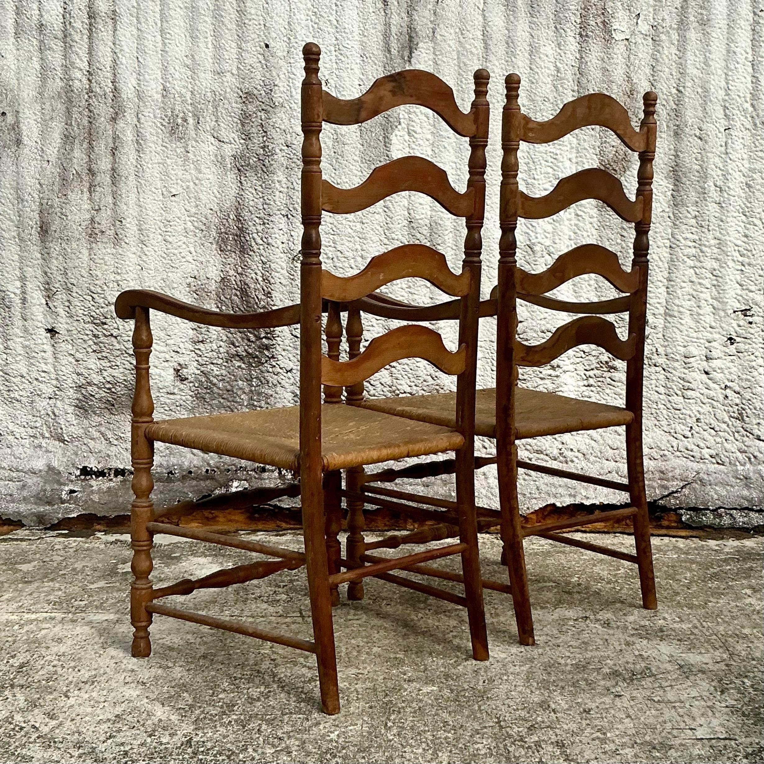 Vintage Coastal Ladderback Rush Seat Chairs - a Pair For Sale 2