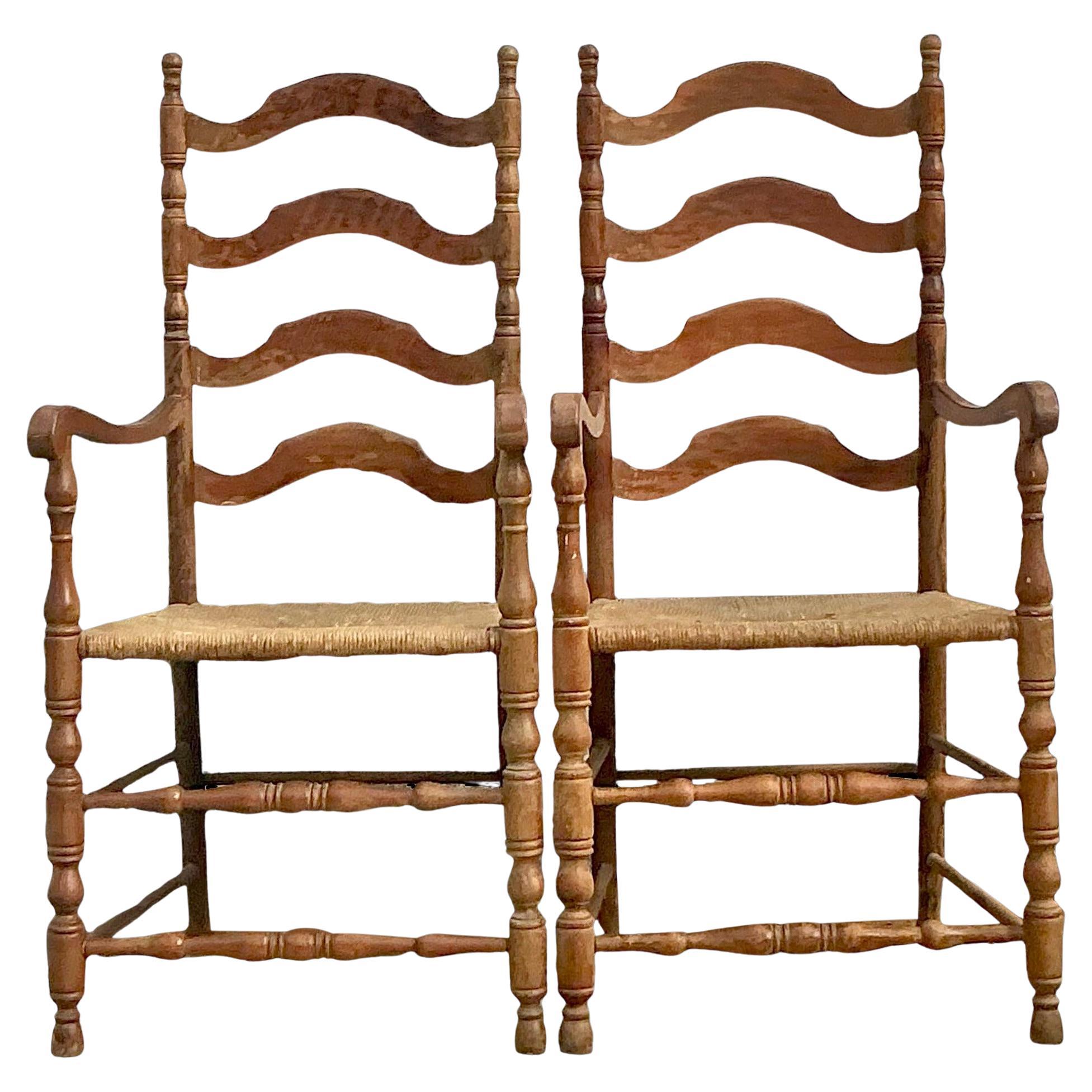 Vintage Coastal Ladderback Rush Seat Chairs - a Pair