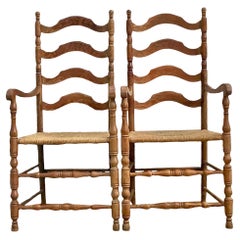 Vintage Coastal Ladderback Rush Seat Chairs - a Pair