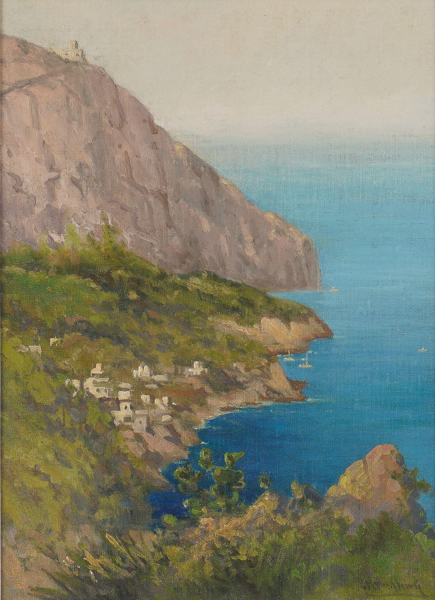 Olio su tavola con veduta di un paesaggio costiero con un piccolo villaggio sul mare, probabilmente mediterraneo. L'opera è stata conservata professionalmente e incorniciata con una modanatura in foglia d'argento. La tela è firmata ma non