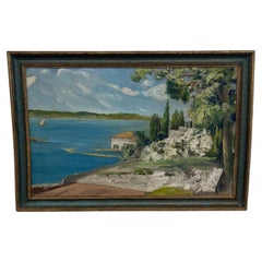 Vintage Coastal Landscape Painting in Impressionist Style, Framed.