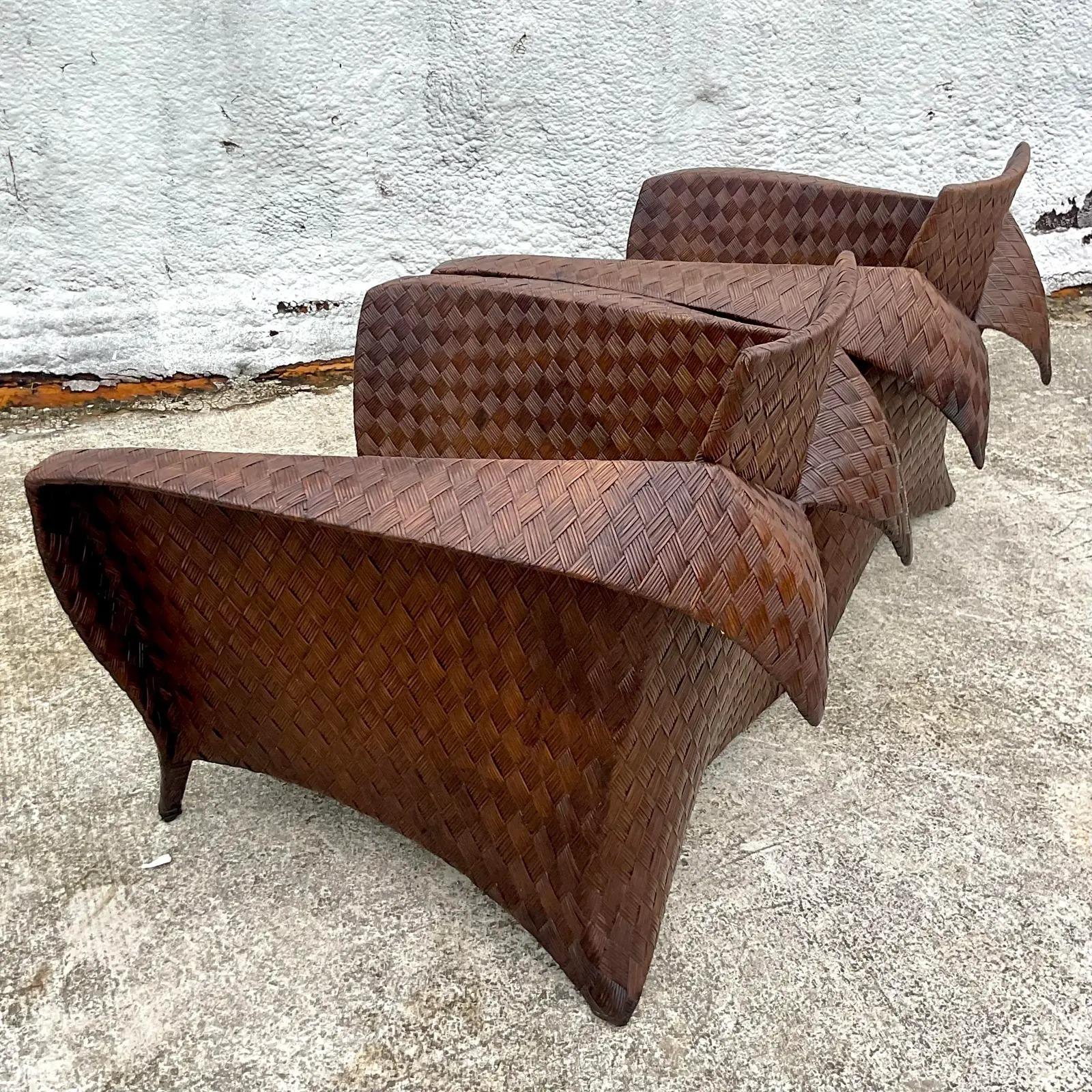 A fantastic vintage pair of Coastal lounge chairs. Made by the iconic Lane Furniture group. Part of their contemporary Ventures division. Beautiful sculptural shape in the manner of Origami. Acquired from a Palm Beach estate.