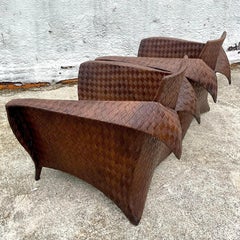 Vintage Coastal Lane Woven Rattan Origami Lounge Chairs, Pair
