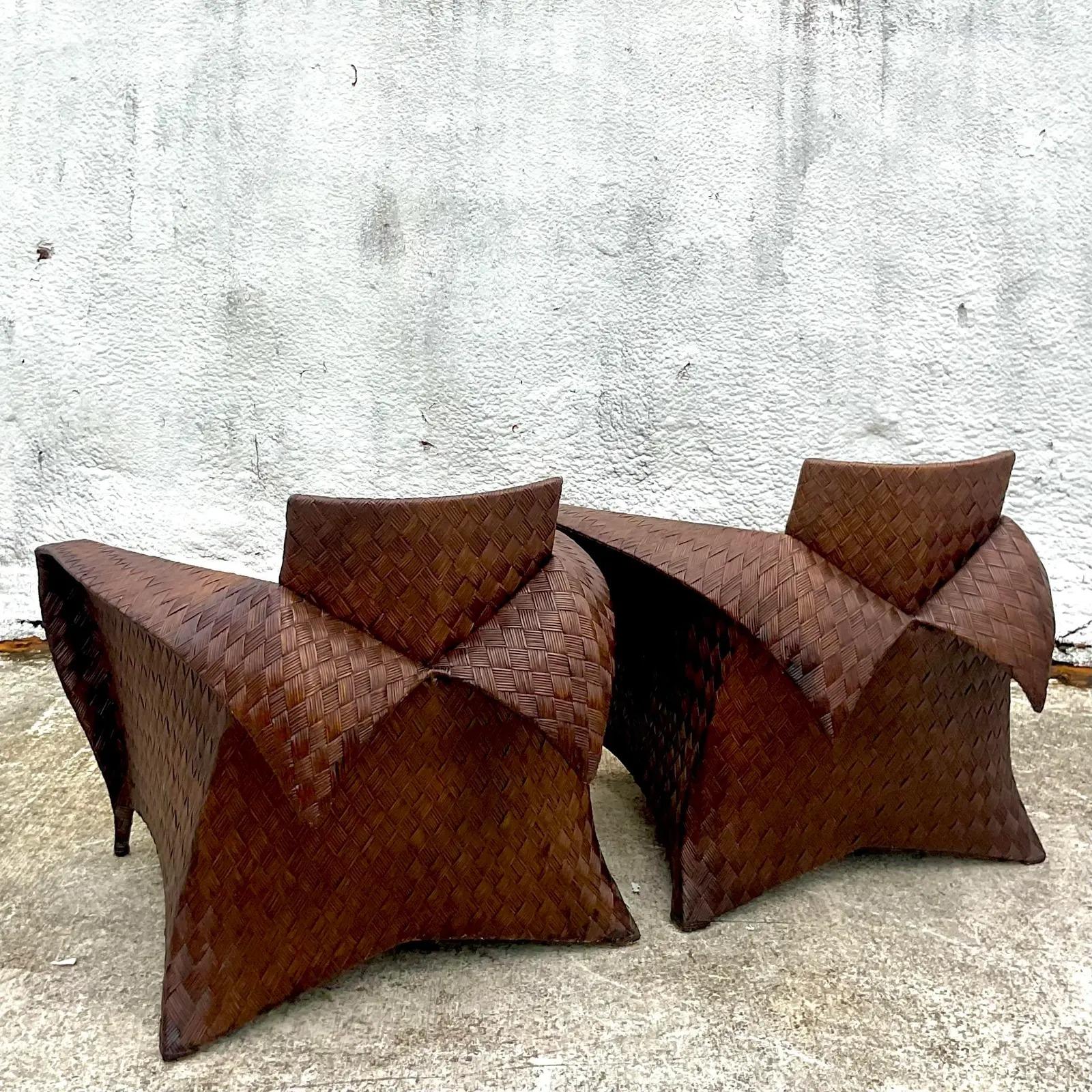 Philippine Vintage Coastal Lane Woven Rattan Origami Lounge Chairs, Pair