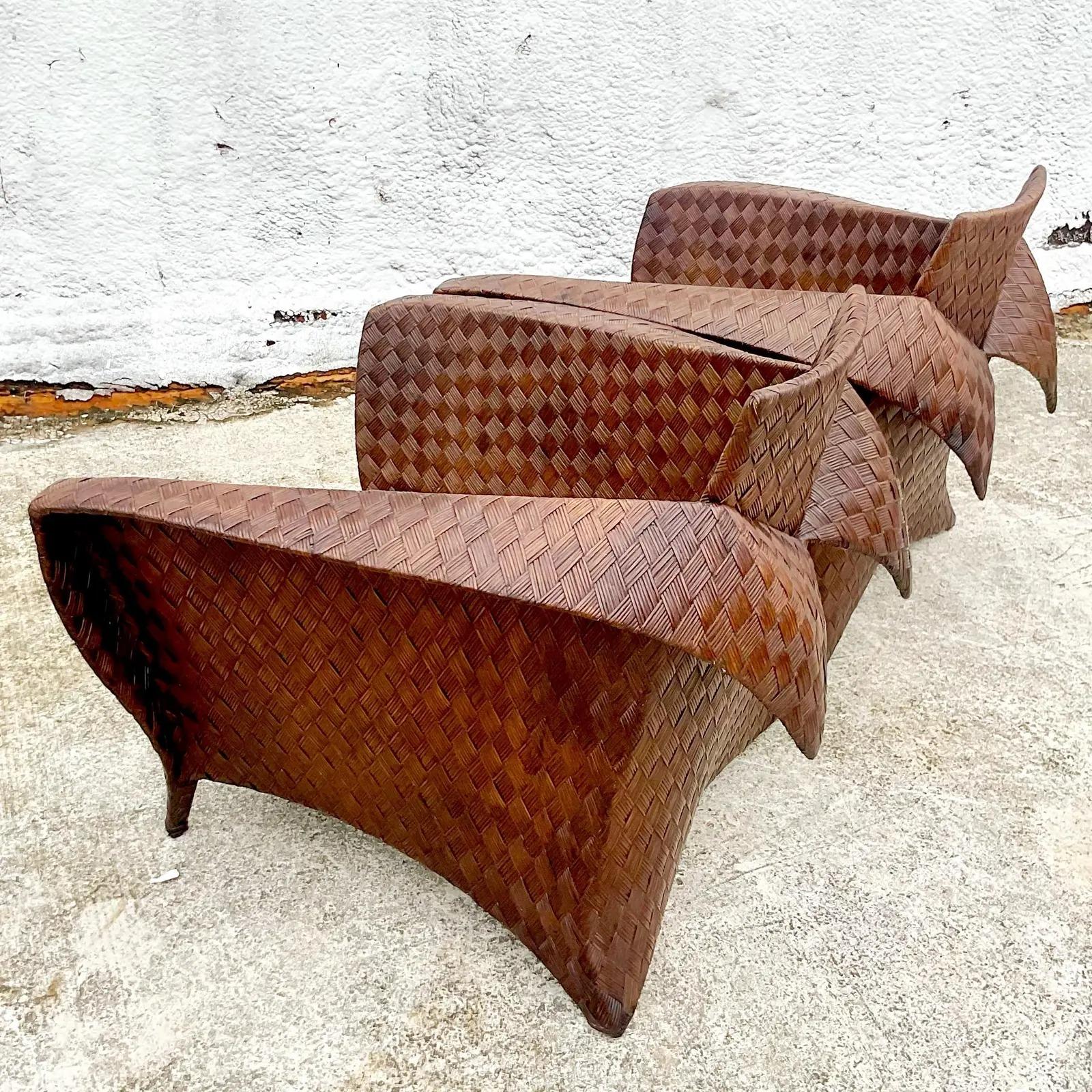 Vintage Coastal Lane Woven Rattan Origami Lounge Chairs, Pair 1