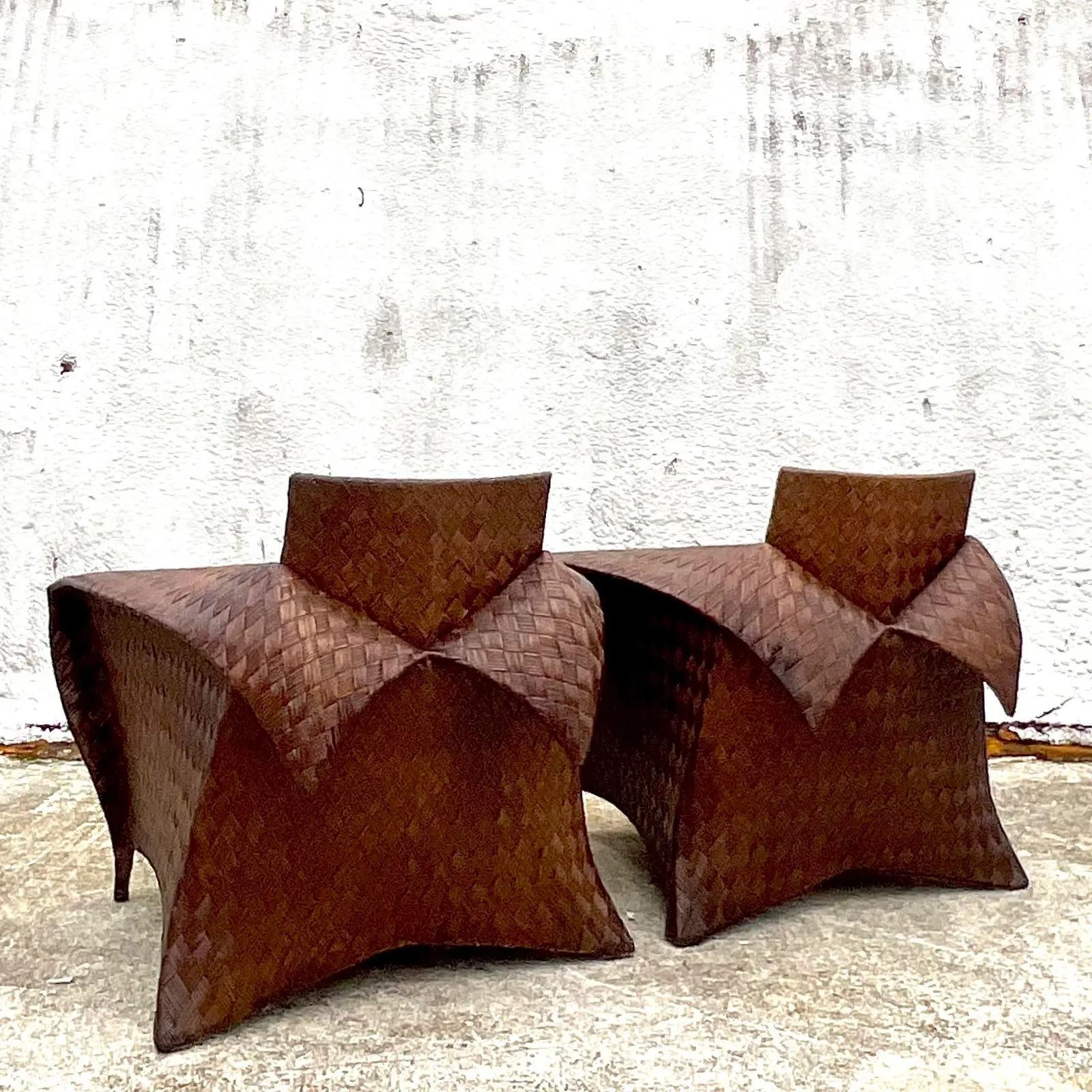 Vintage Coastal Lane Woven Rattan Origami Lounge Chairs, Pair 2