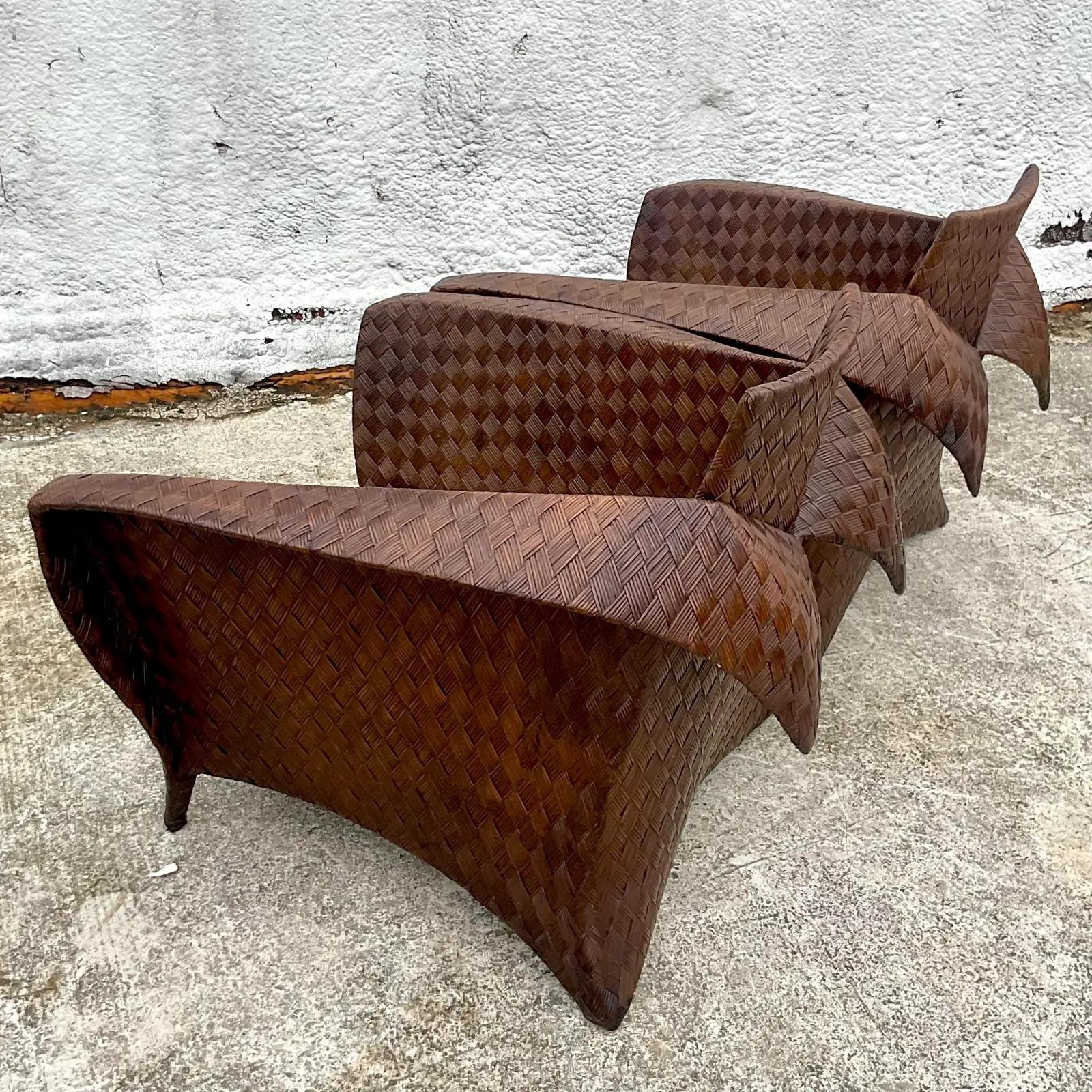Vintage Coastal Lane Woven Rattan Origami Lounge Chairs, Pair 4