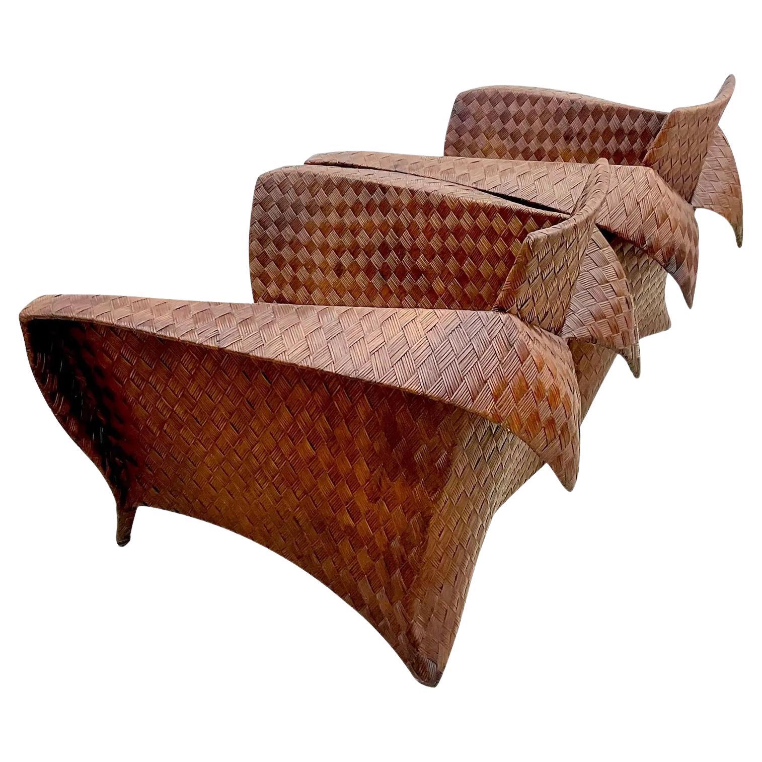 Vintage Coastal Lane Woven Rattan Origami Lounge Chairs, Pair