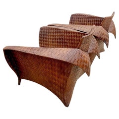 Vintage Coastal Lane Woven Rattan Origami Lounge Chairs, Pair