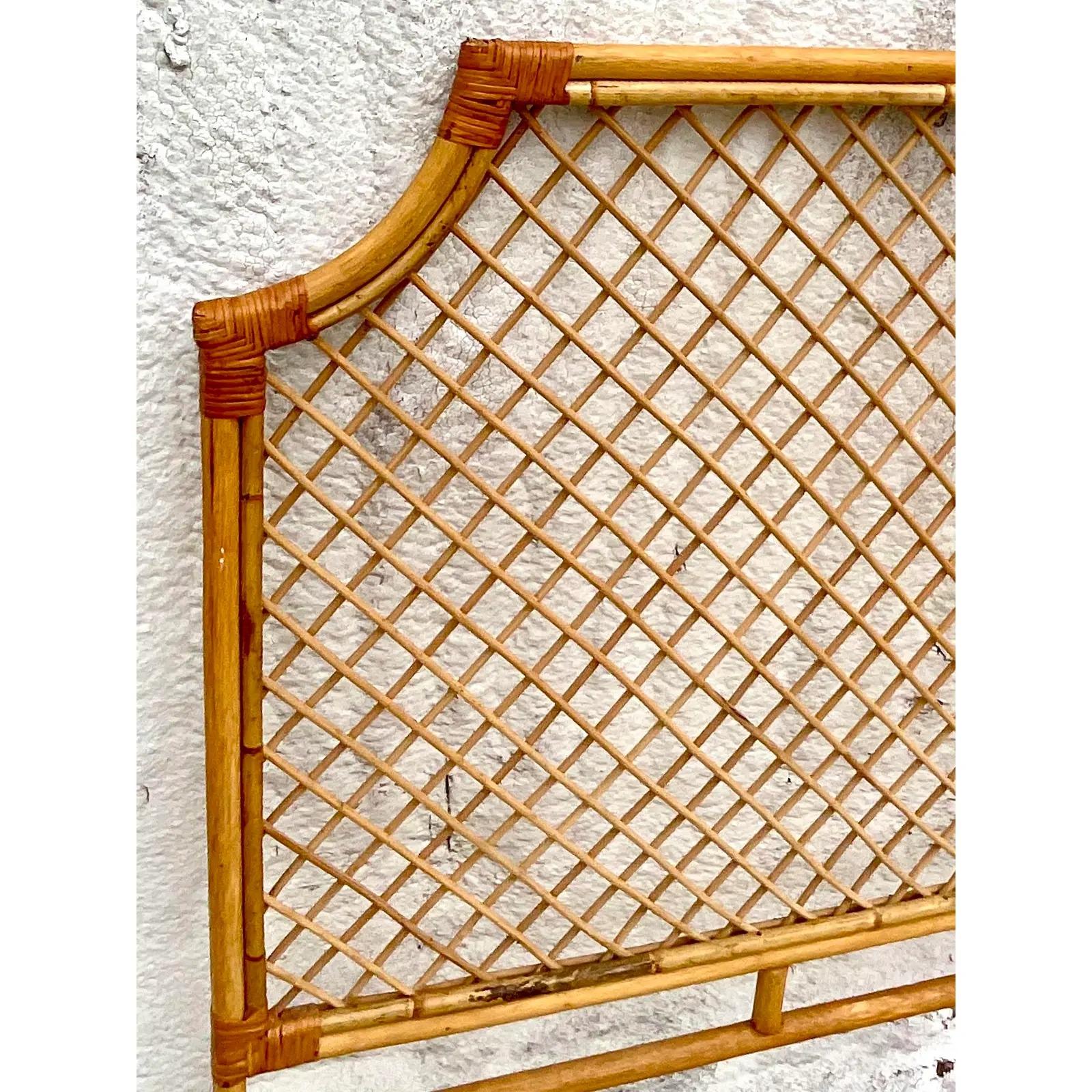 Philippine Vintage Coastal Lattice Bamboo Twin Headboards, a Pair