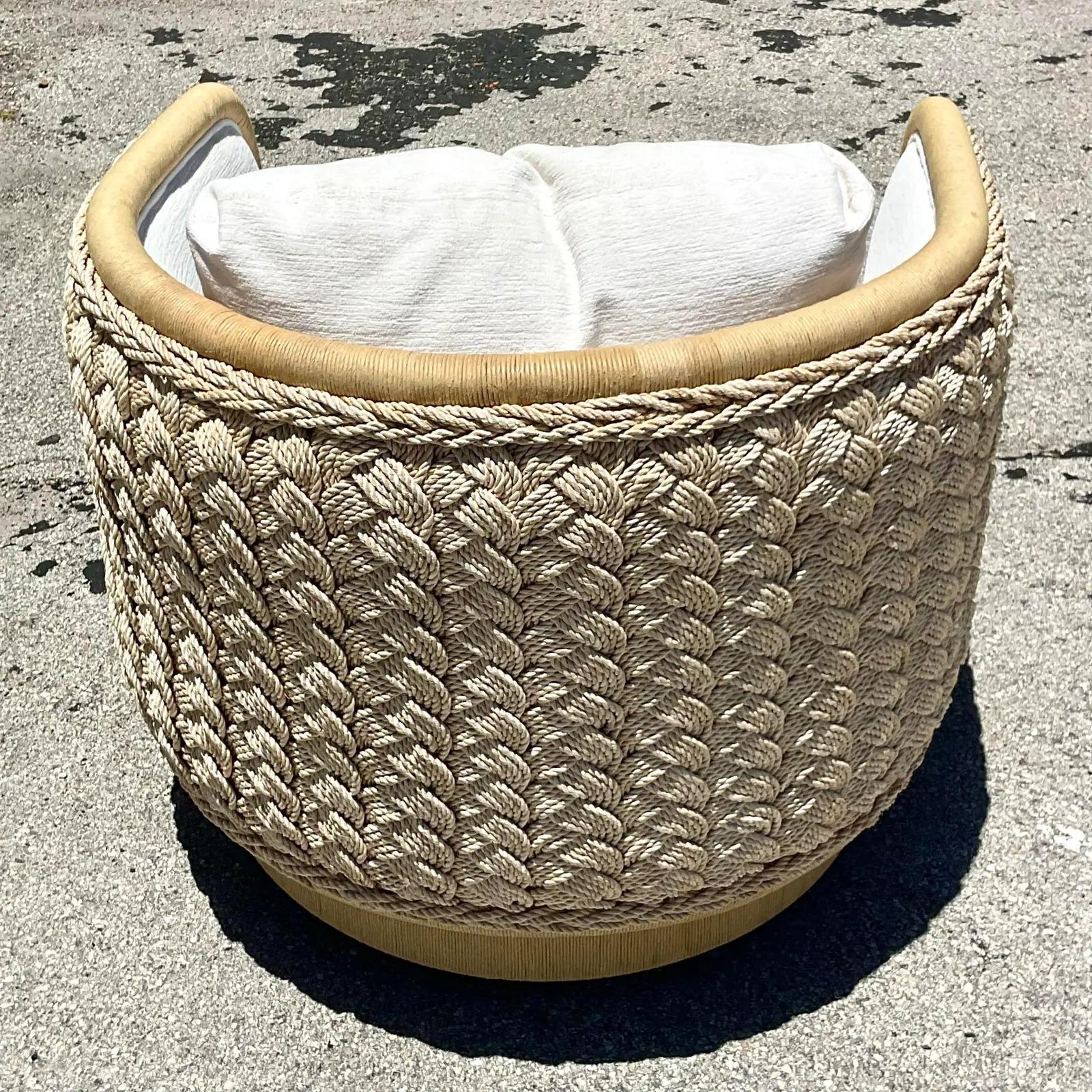 Vintage Coastal Laura Kirar Braided Rattan Swivel Chair In Good Condition In West Palm Beach, FL