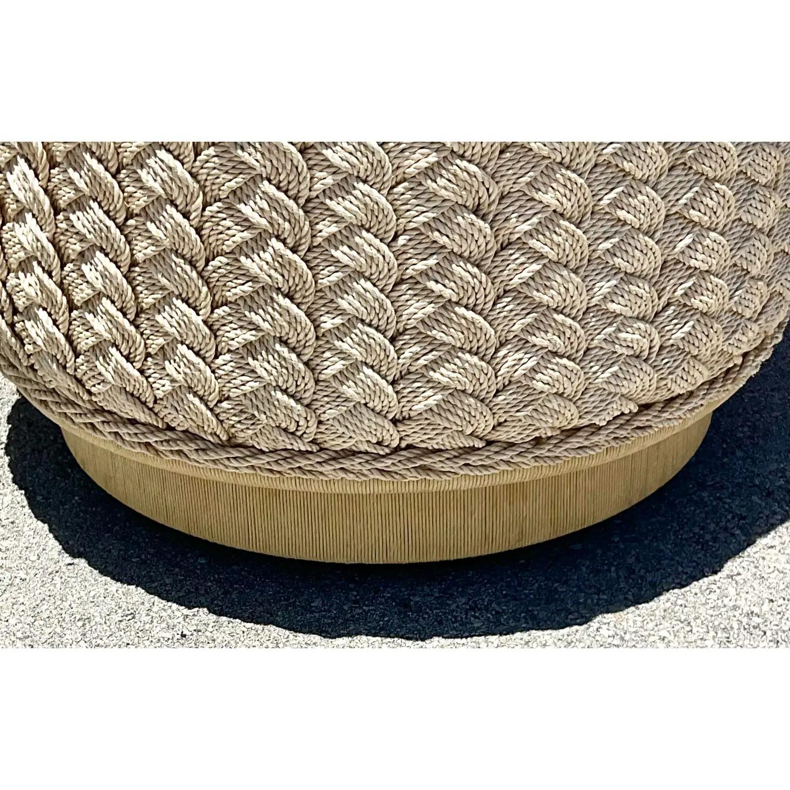 20th Century Vintage Coastal Laura Kirar Braided Rattan Swivel Chair