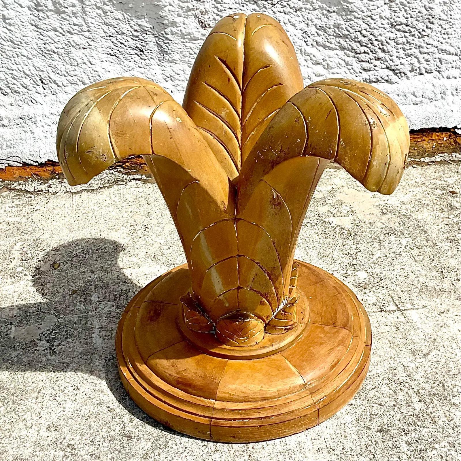 A fantastic vintage Coastal dining table pedestal. Made by the esteemed Lee Industries and tagged on the bottom. Beautiful hand carved detail on a palm frond design. Sold without glass. Acquired from a Palm Beach estate.