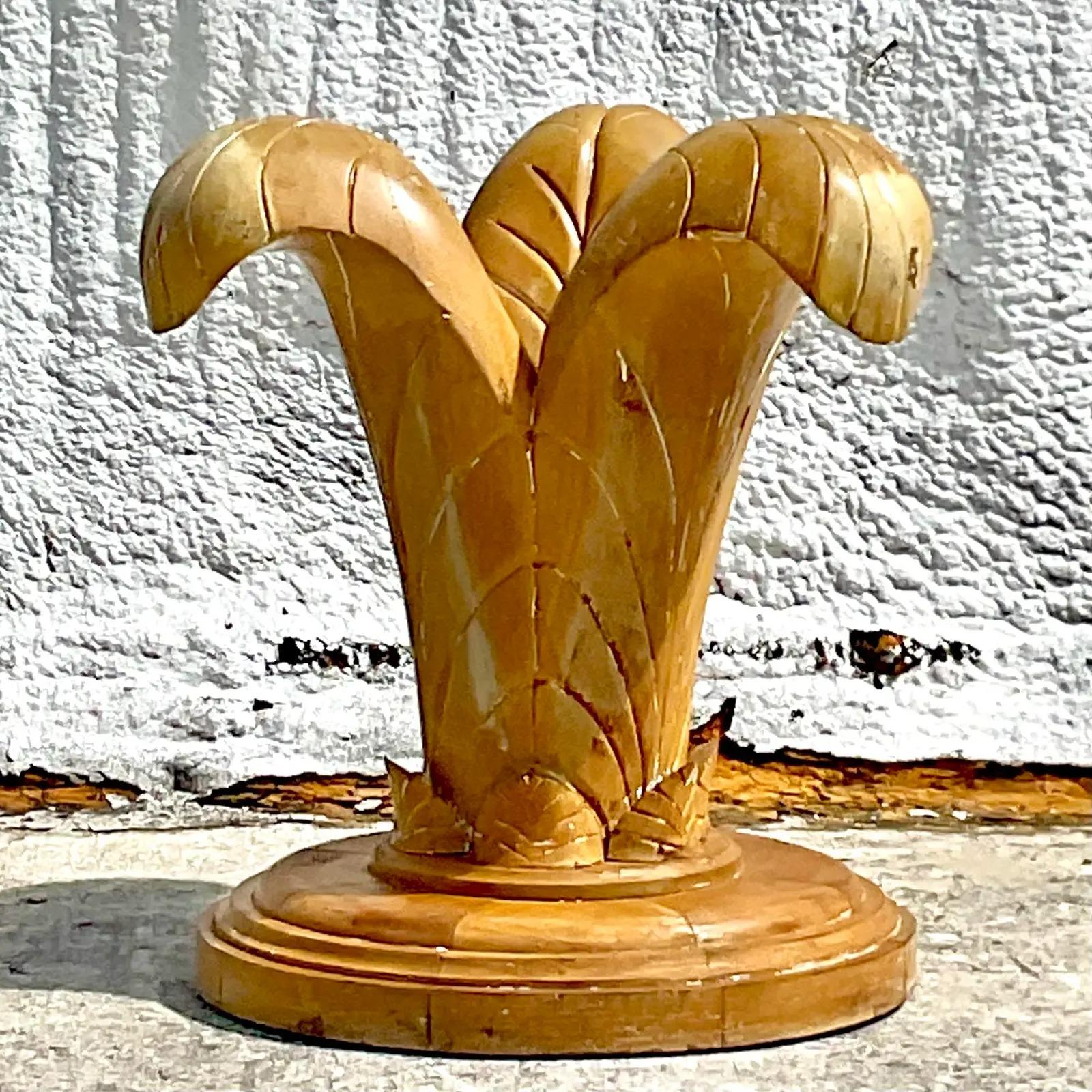 Vintage Coastal Lee Industries Carved Palm Frond Table Pedestal In Good Condition In West Palm Beach, FL