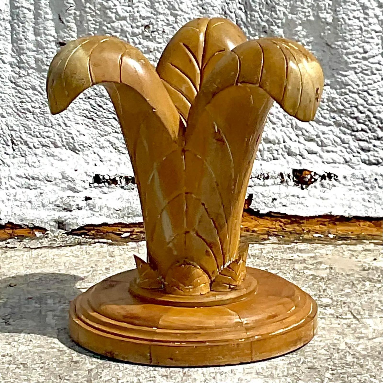 20th Century Vintage Coastal Lee Industries Carved Palm Frond Table Pedestal For Sale