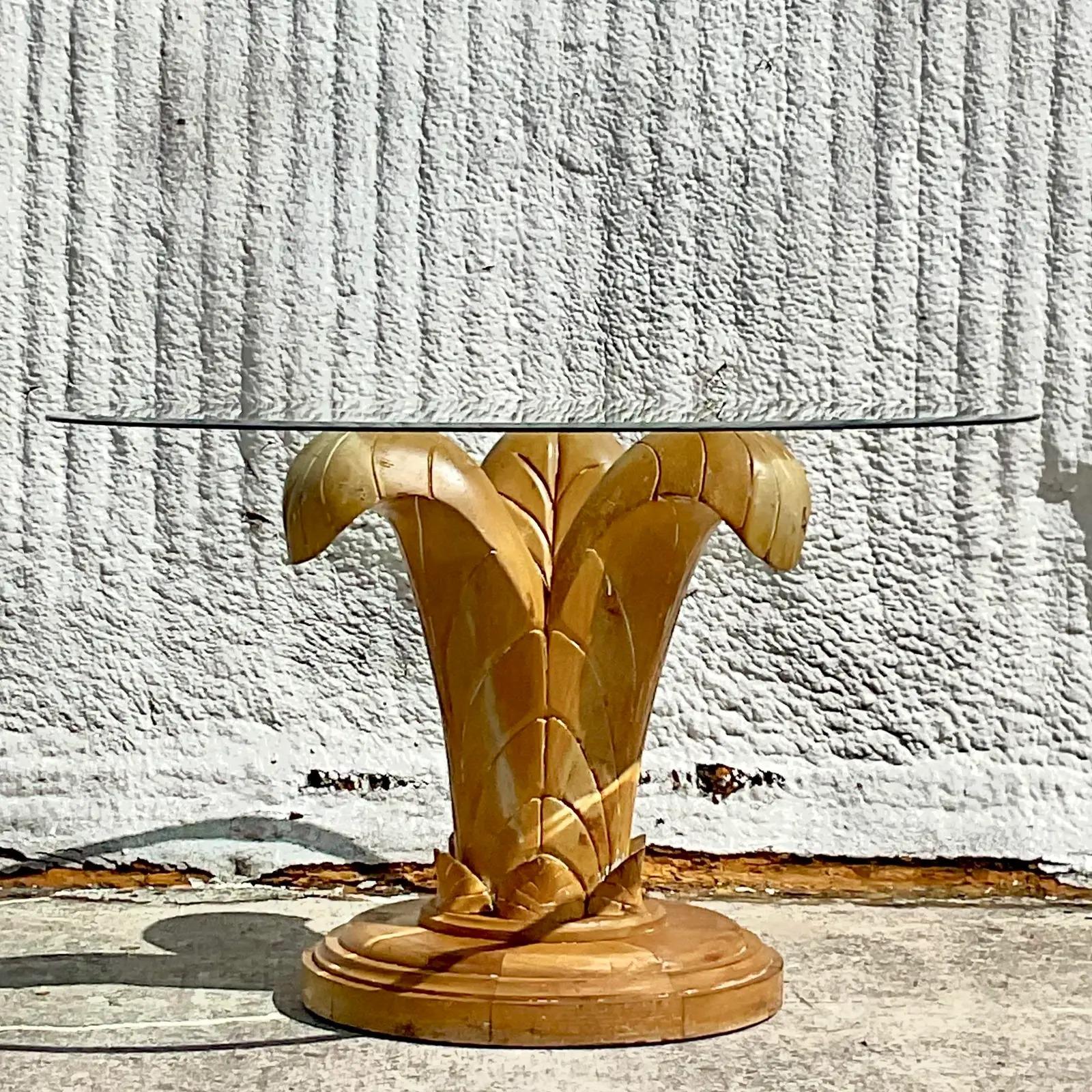 Wood Vintage Coastal Lee Industries Carved Palm Frond Table Pedestal For Sale