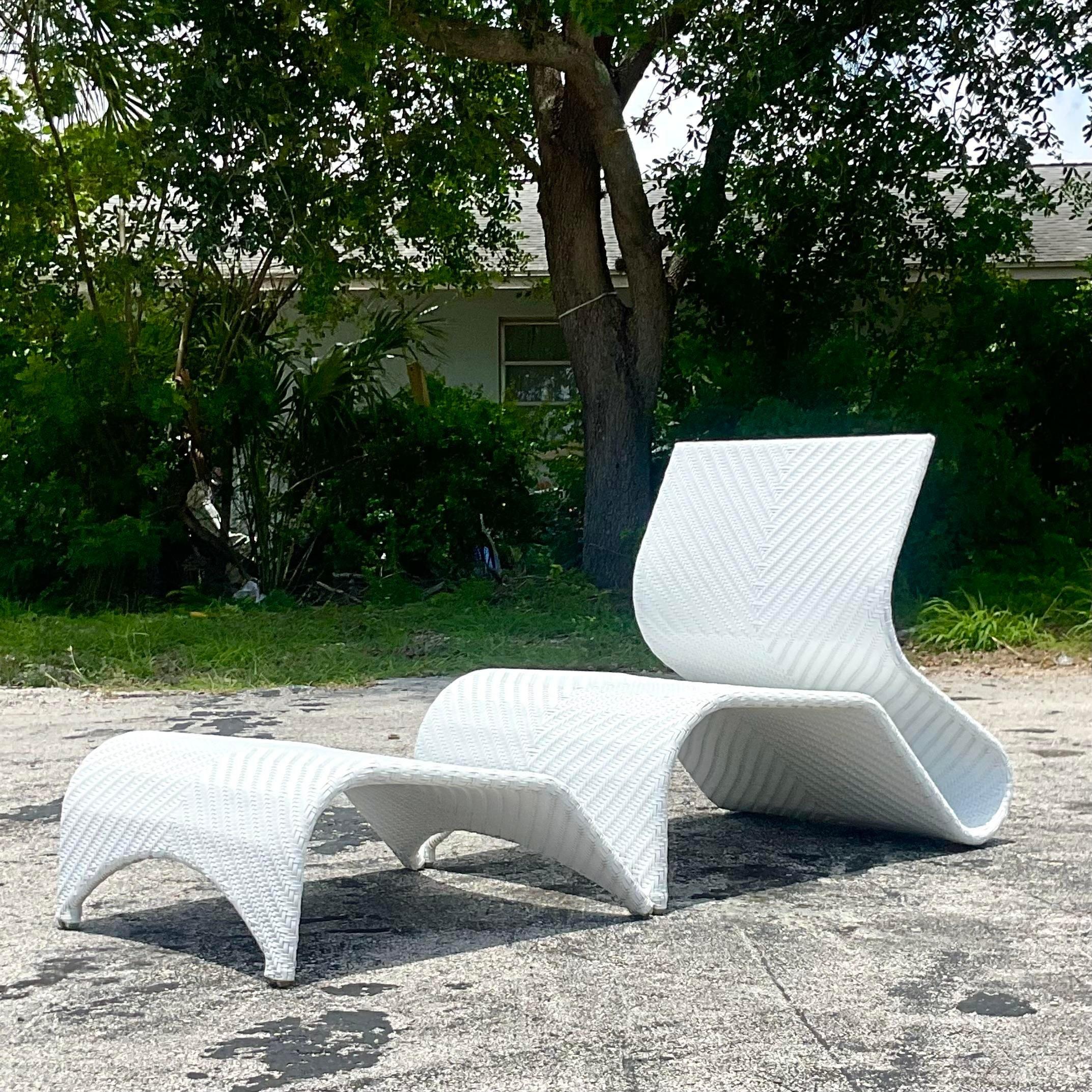 A fantastic vintage chair and ottoman set from the brand Kannoa’s Maui collection in white. It is a great addition to your patio furniture. Acquired at a Palm Beach estate.

Ottoman Dimensions: 29w x 32d x 14h