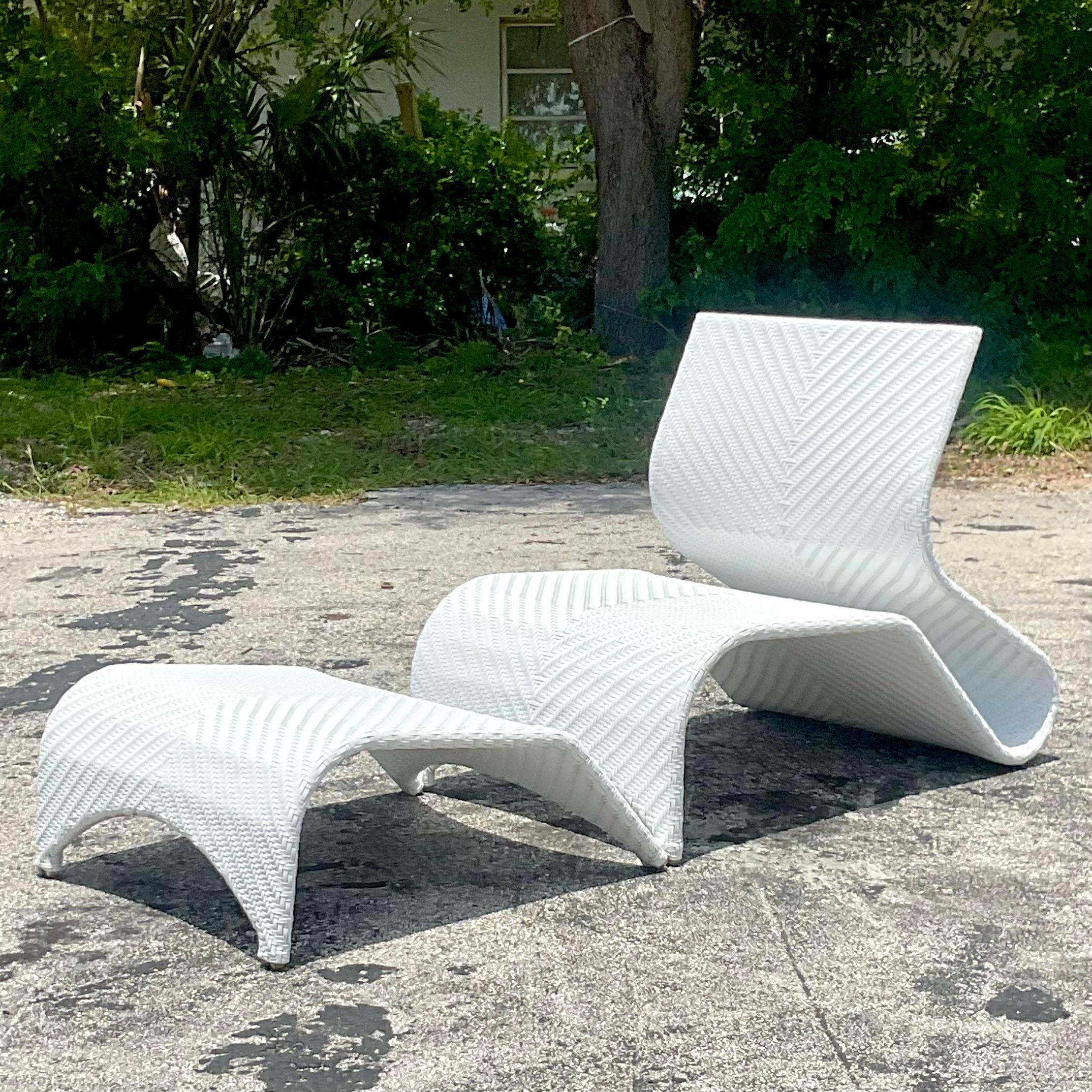 Vintage Coastal Leisure Chair and Ottoman - 2 Pieces In Good Condition In west palm beach, FL