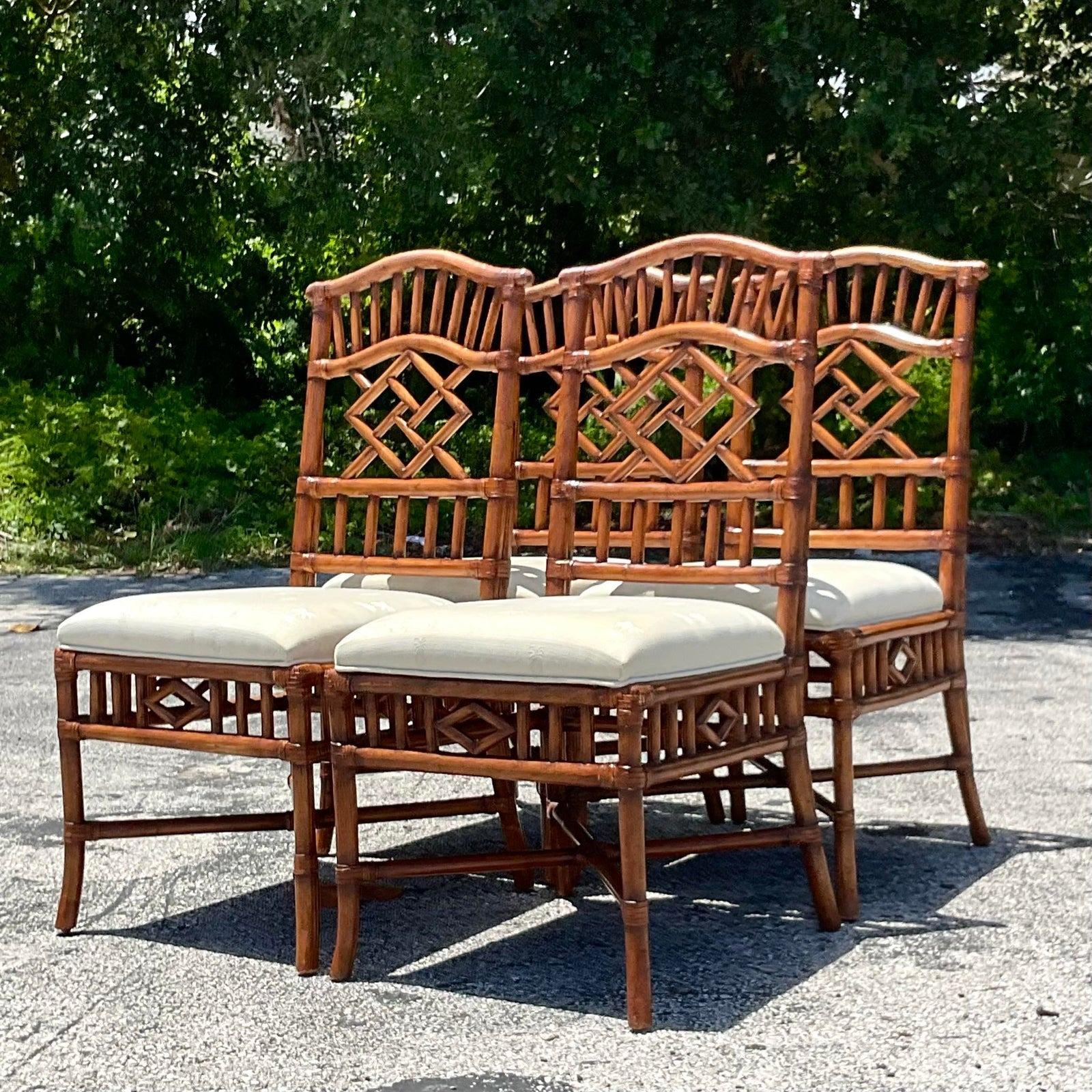 Vintage Coastal Lexington Carved Bamboo Dining Chairs - Set of 4 In Good Condition In west palm beach, FL