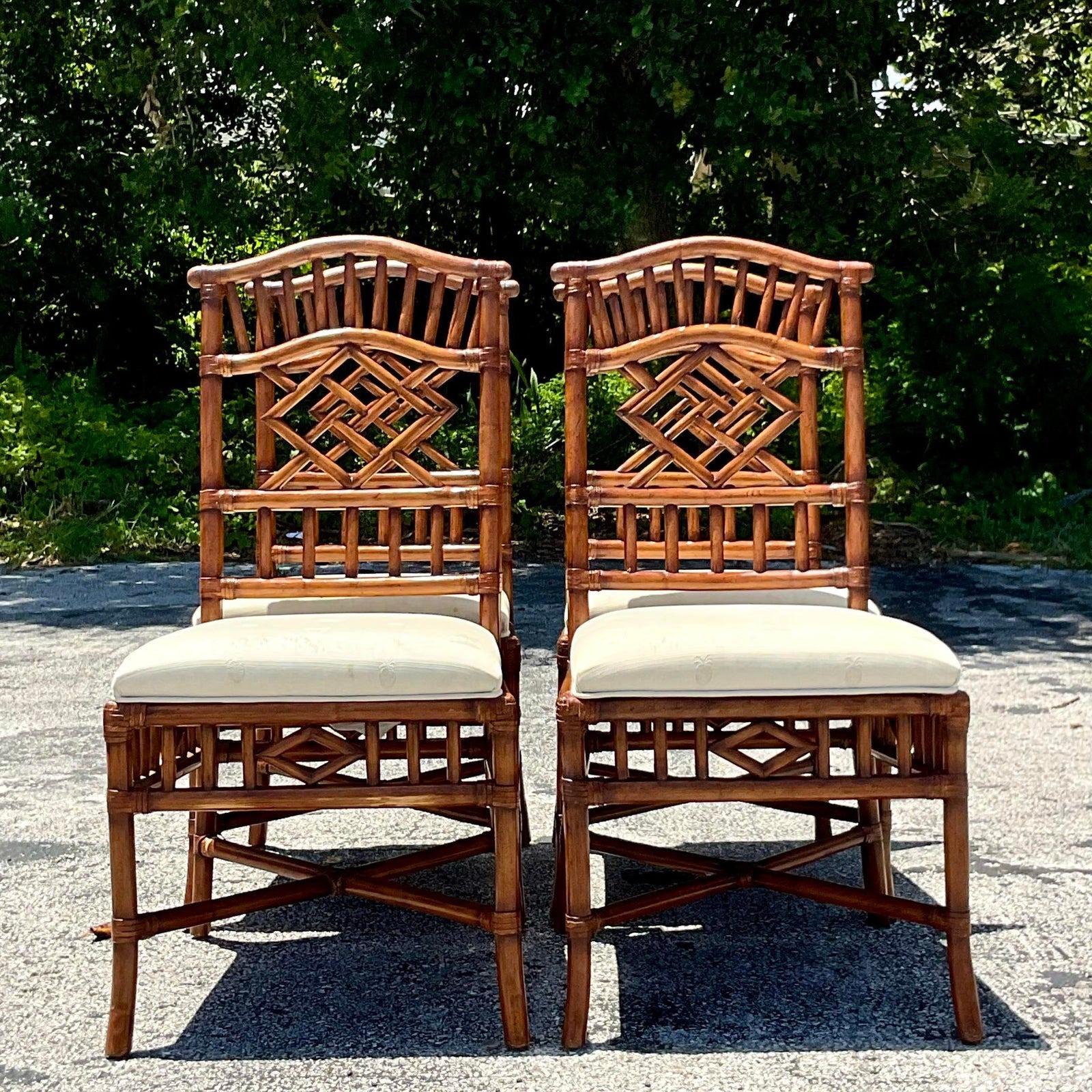 Upholstery Vintage Coastal Lexington Carved Bamboo Dining Chairs - Set of 4
